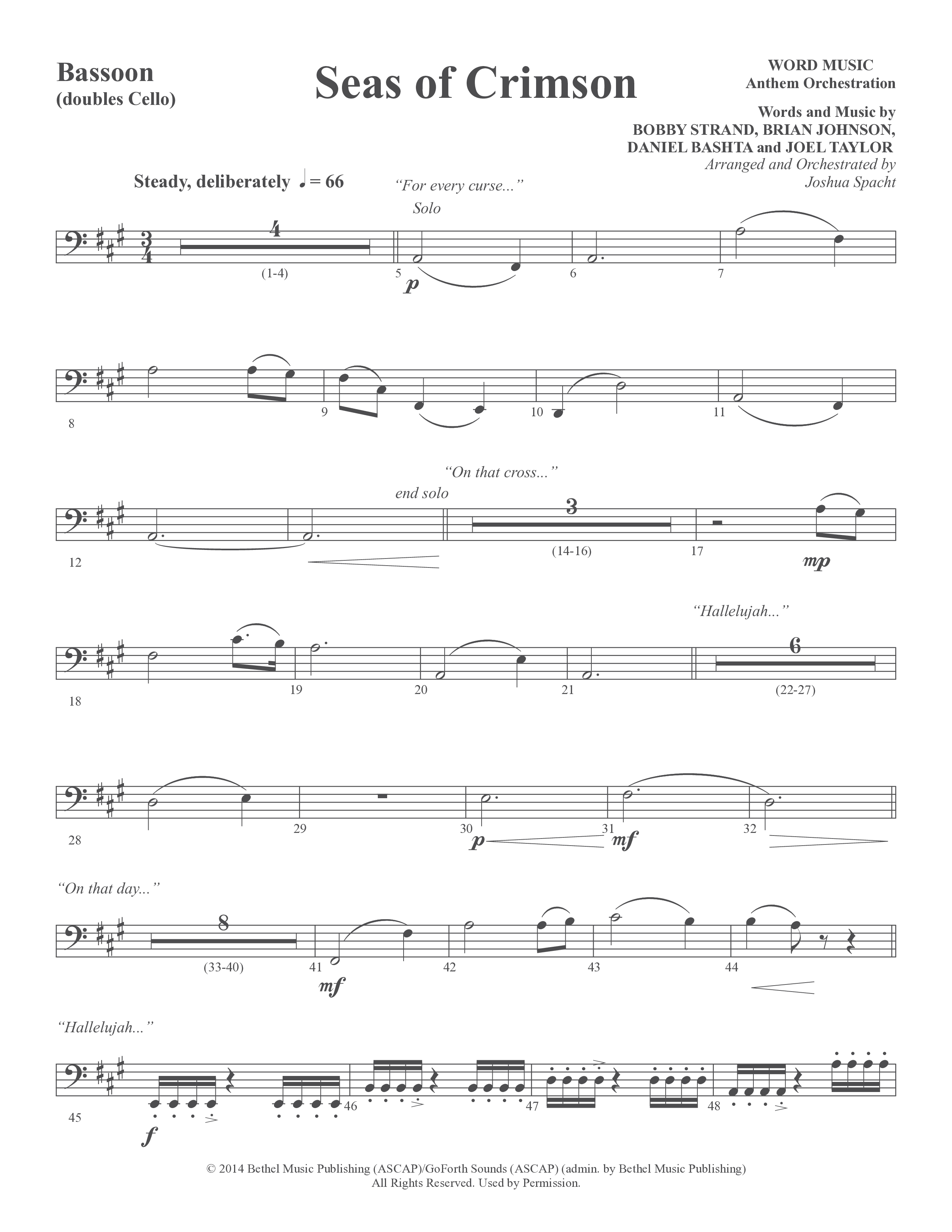 Seas Of Crimson (Choral Anthem SATB) Bassoon (Word Music Choral / Arr. Joshua Spacht)