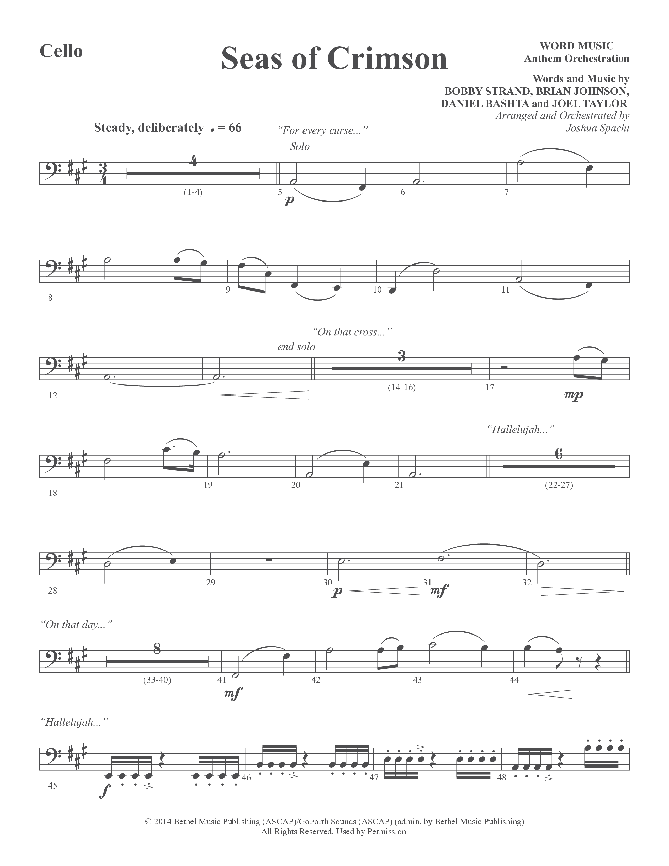 Seas Of Crimson (Choral Anthem SATB) Cello (Word Music Choral / Arr. Joshua Spacht)