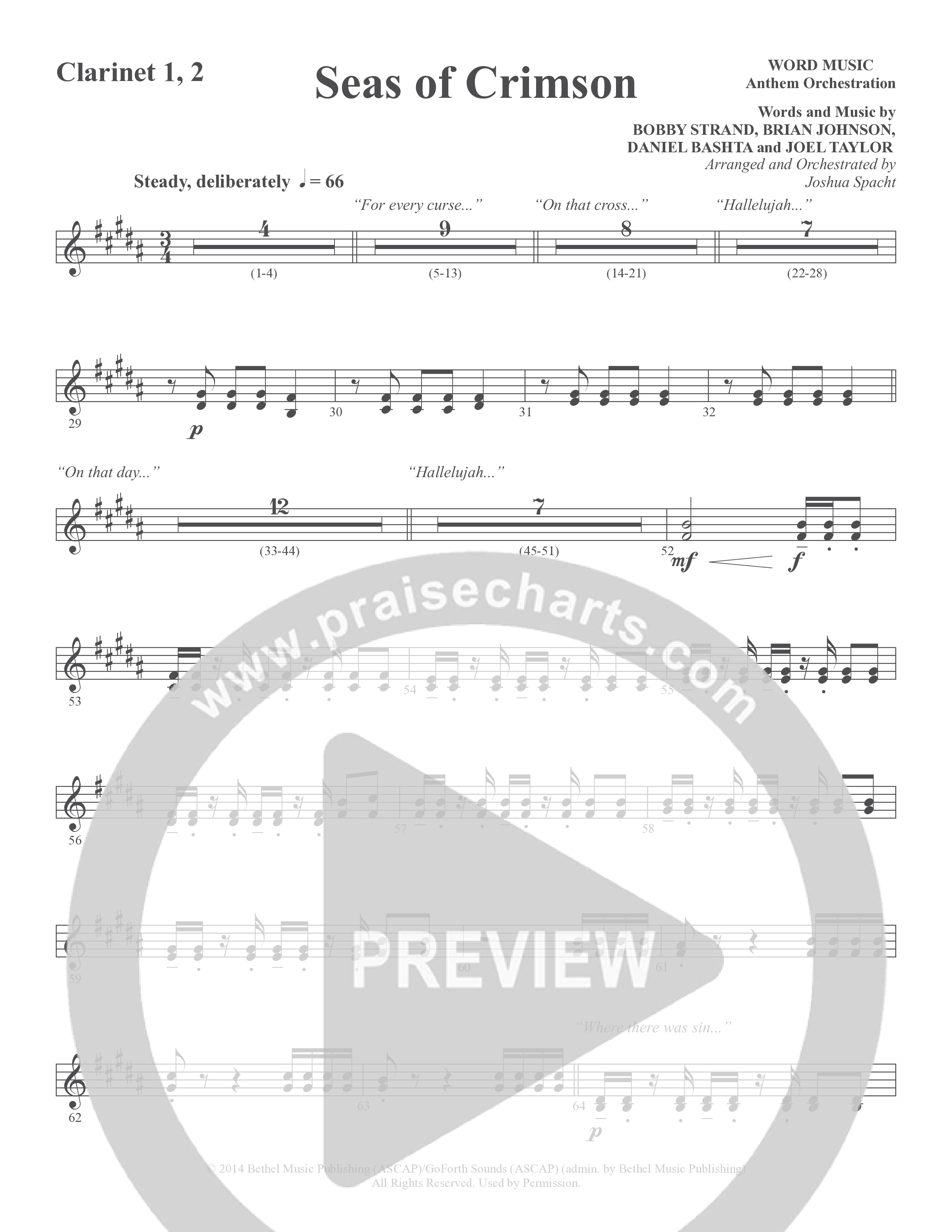 Seas Of Crimson (Choral Anthem SATB) Clarinet 1/2 (Word Music Choral / Arr. Joshua Spacht)