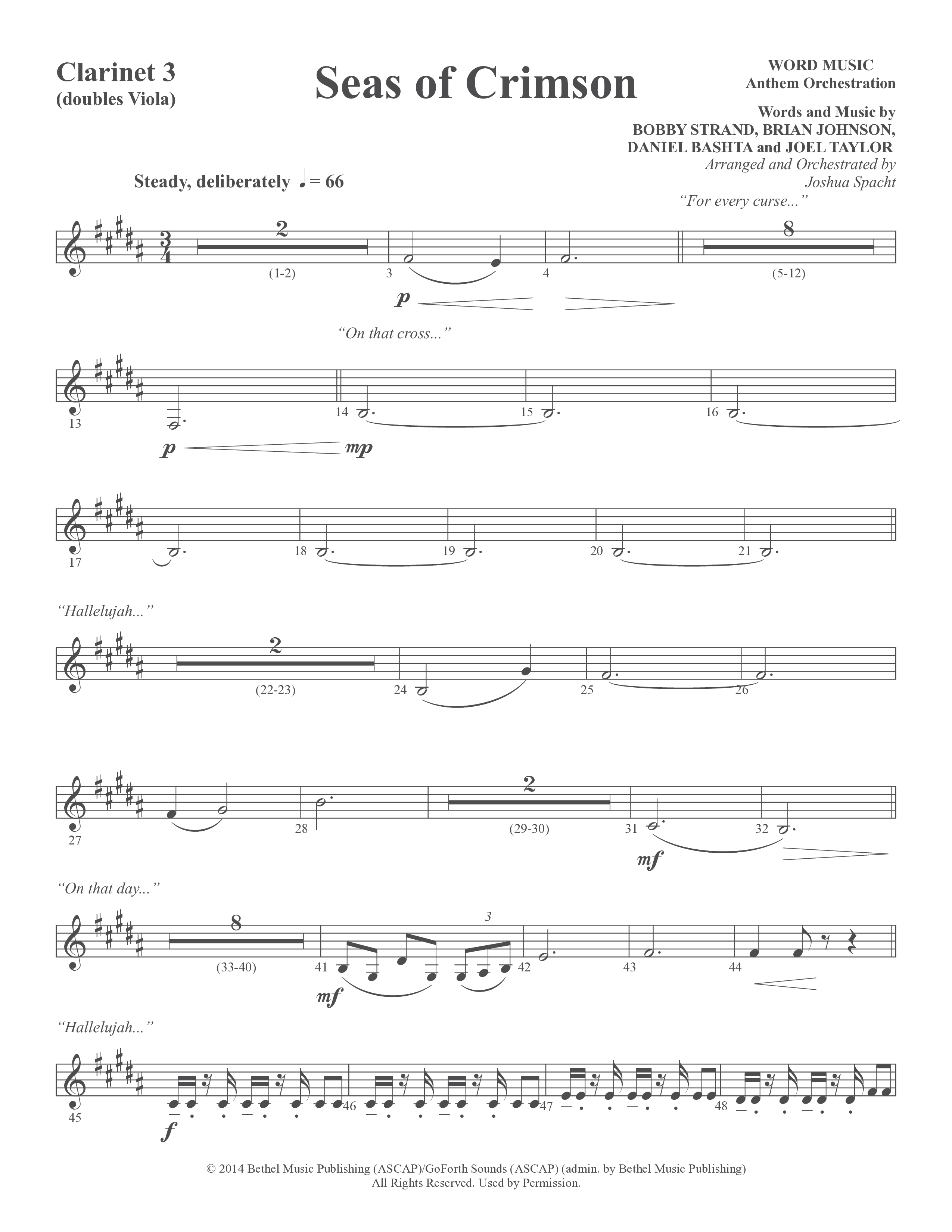 Seas Of Crimson (Choral Anthem SATB) Clarinet 3 (Word Music Choral / Arr. Joshua Spacht)
