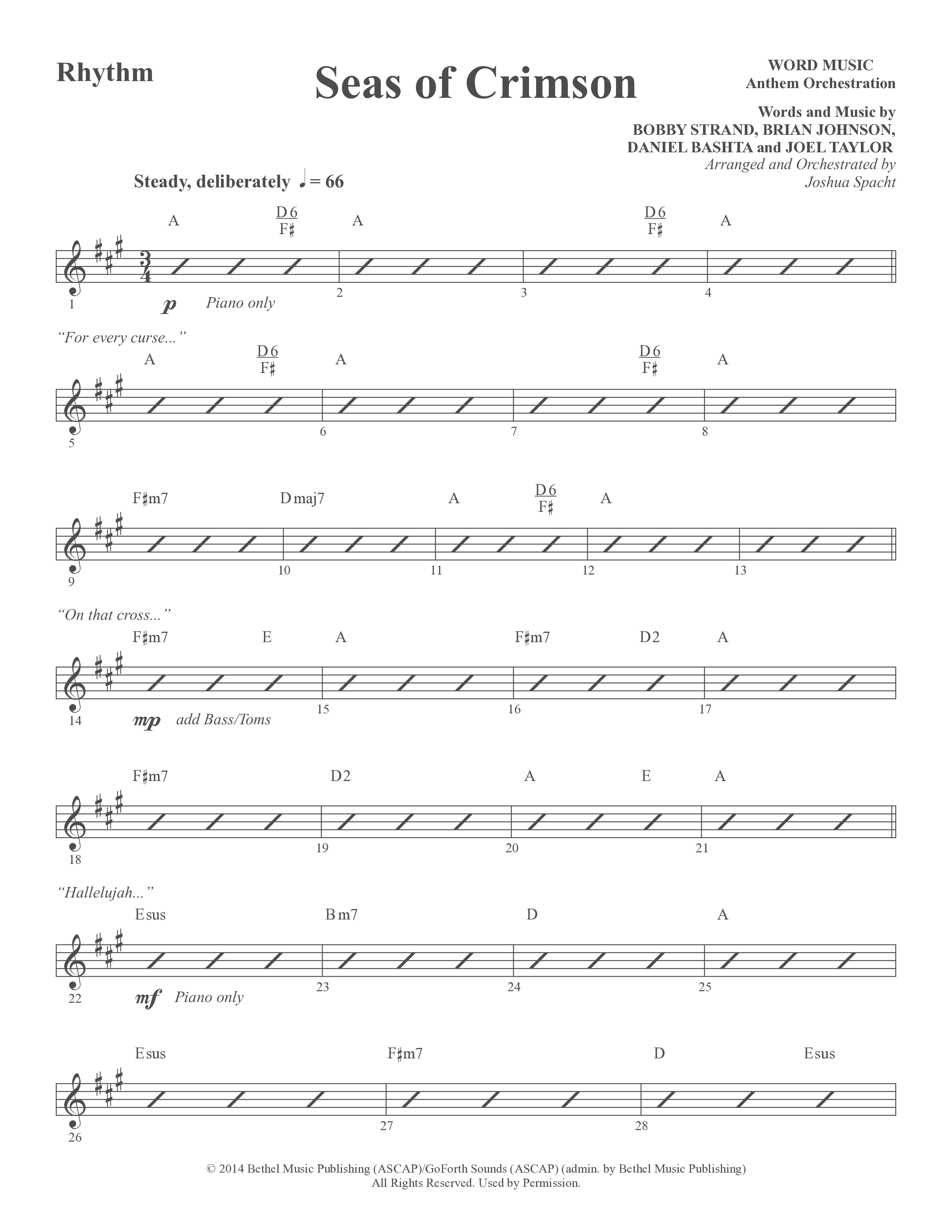 Seas Of Crimson (Choral Anthem SATB) Rhythm Chart (Word Music Choral / Arr. Joshua Spacht)