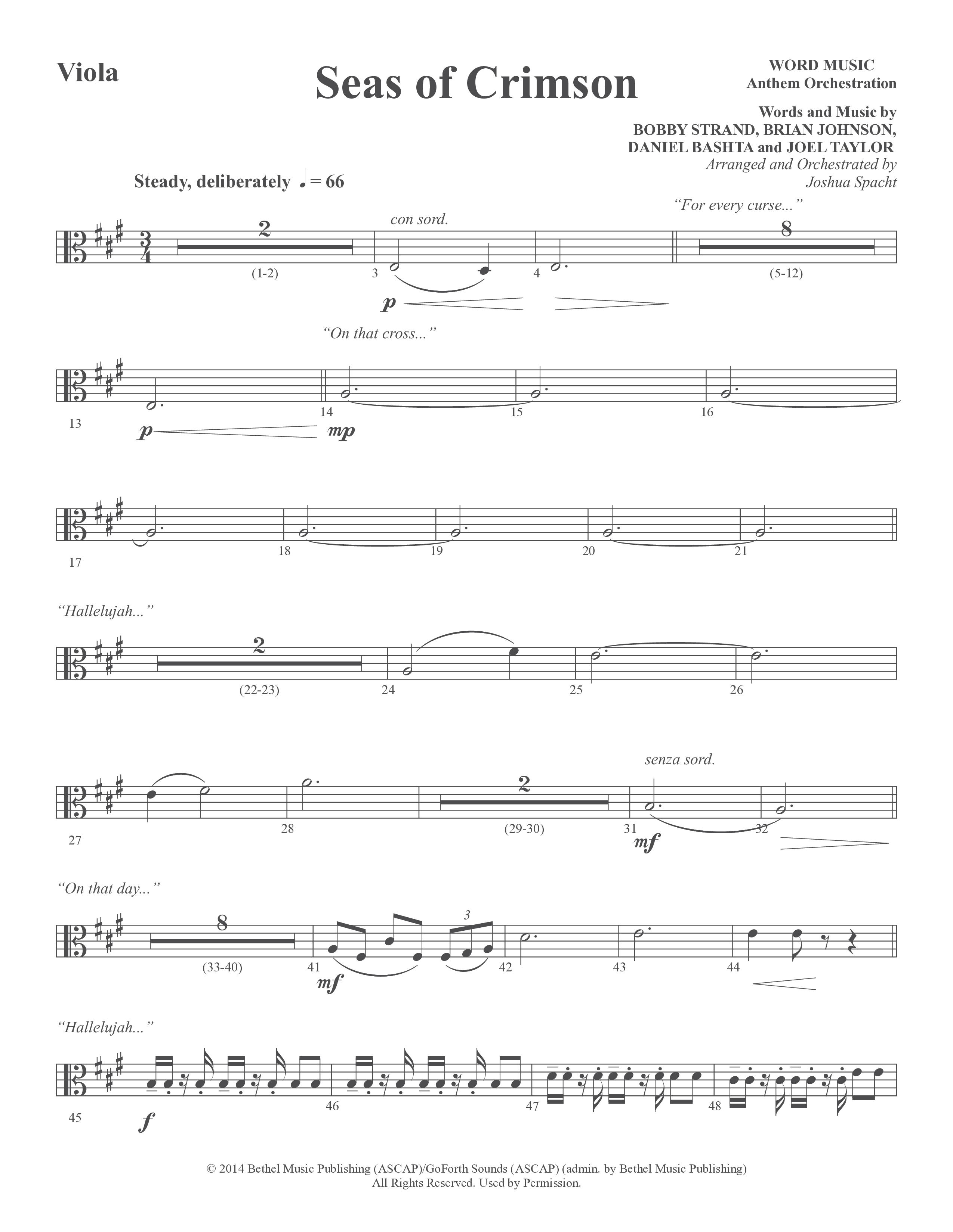 Seas Of Crimson (Choral Anthem SATB) Viola (Word Music Choral / Arr. Joshua Spacht)
