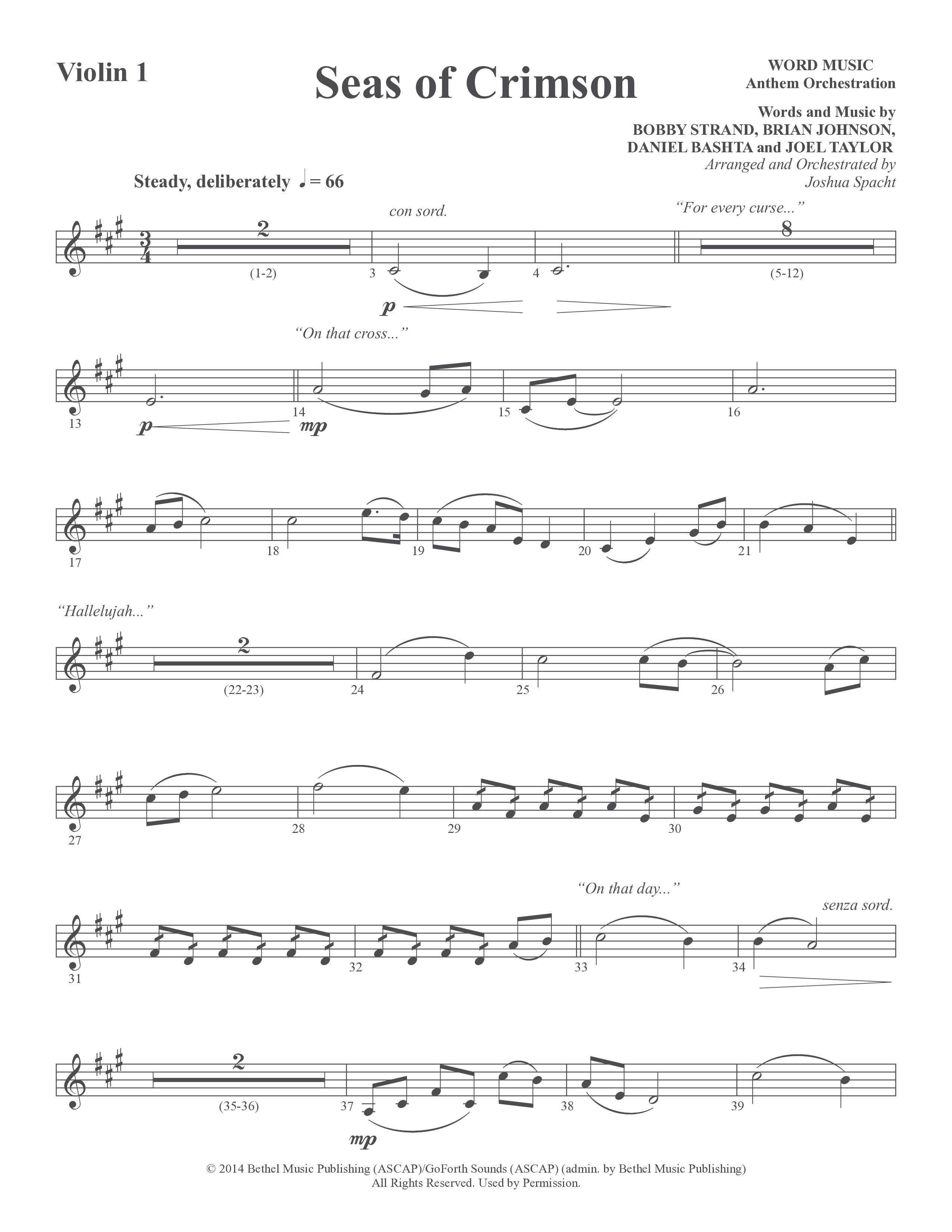 Seas Of Crimson (Choral Anthem SATB) Violin 1/2 (Word Music Choral / Arr. Joshua Spacht)