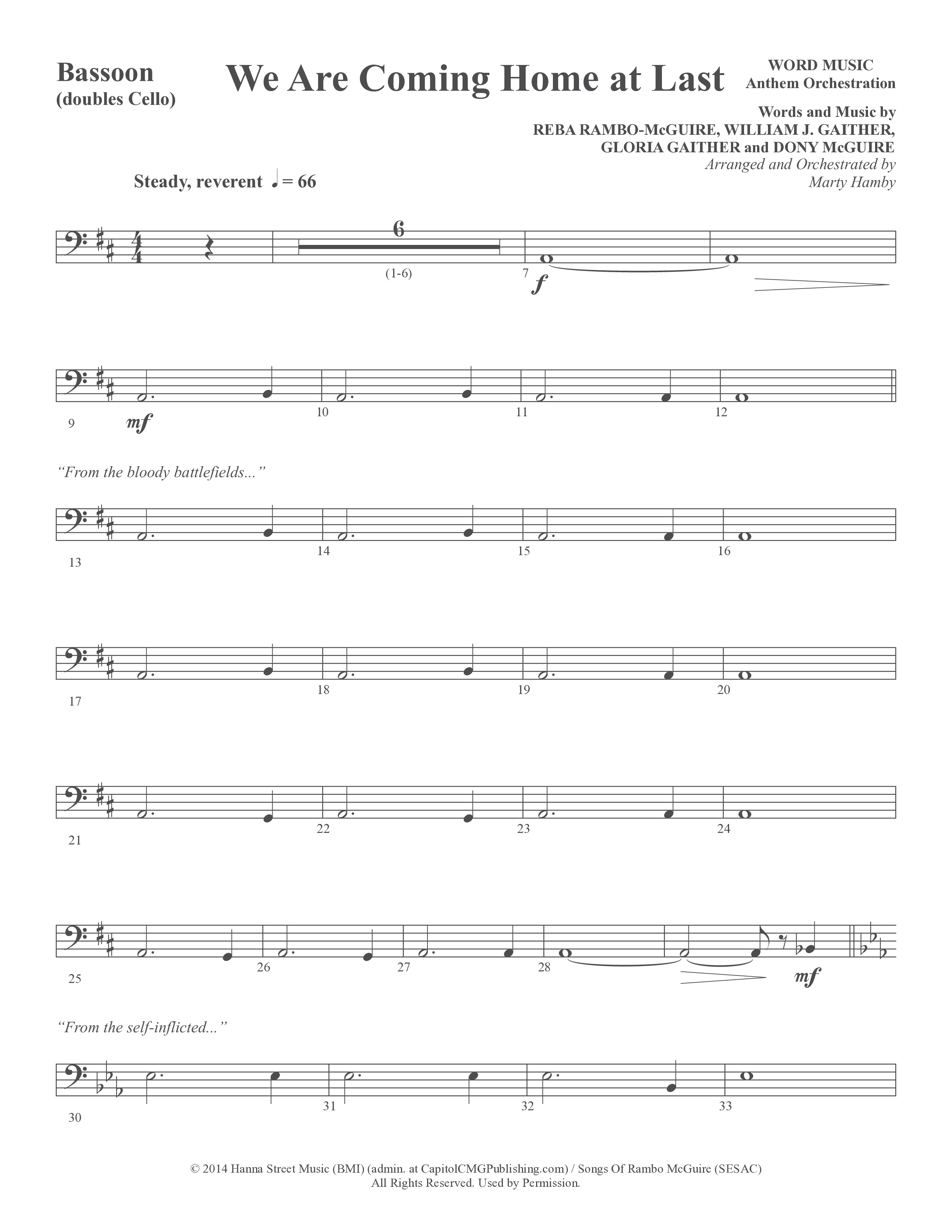 We Are Coming Home At Last (Choral Anthem SATB) Bassoon (Word Music Choral / Arr. Marty Hamby)