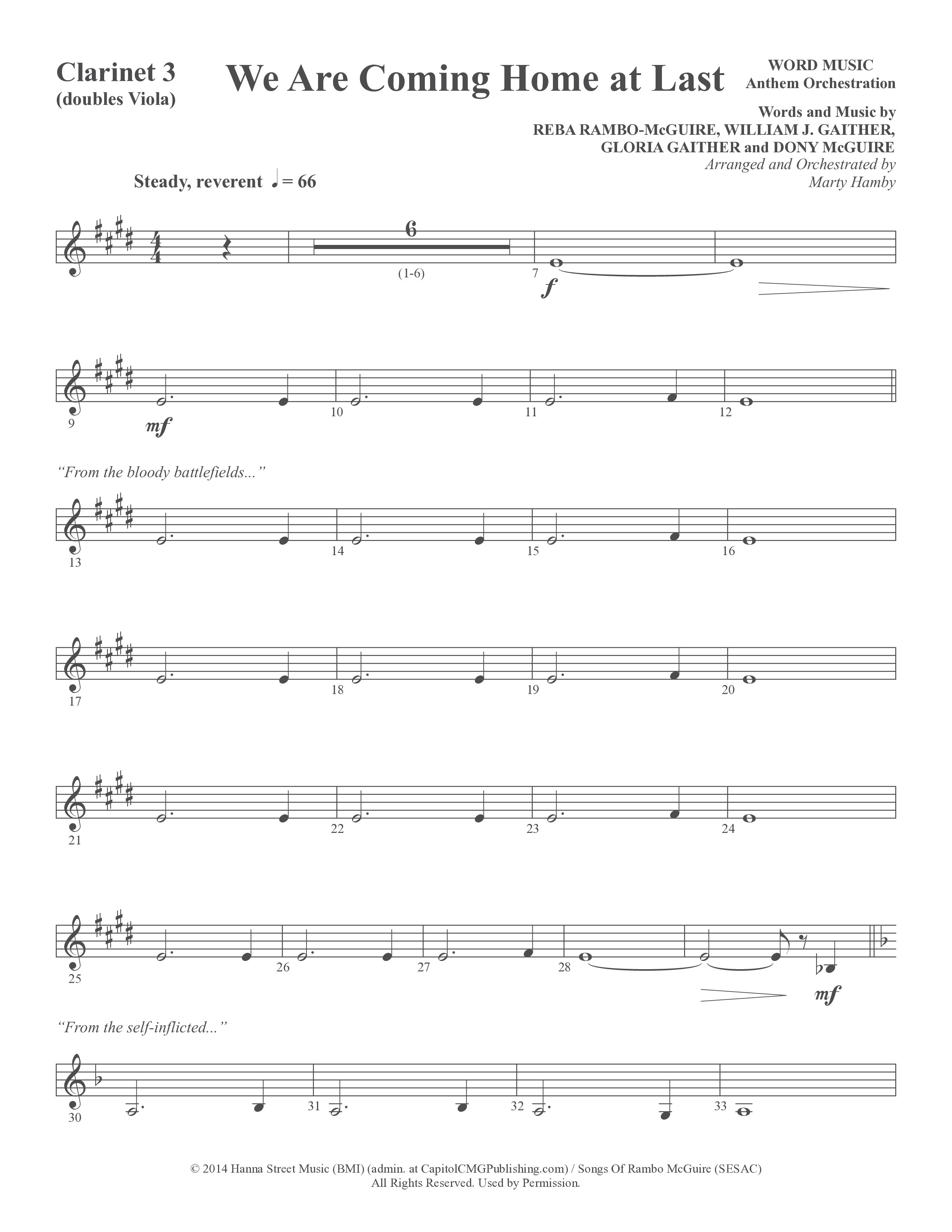 We Are Coming Home At Last (Choral Anthem SATB) Clarinet 3 (Word Music Choral / Arr. Marty Hamby)