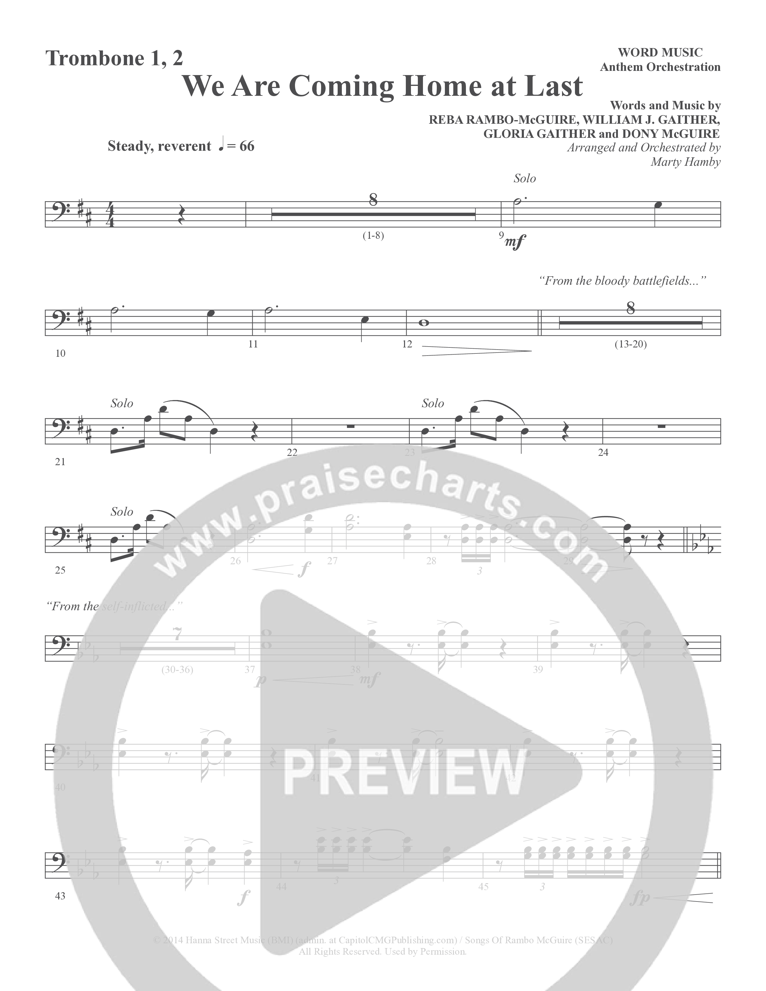 We Are Coming Home At Last (Choral Anthem SATB) Trombone 1/2 (Word Music Choral / Arr. Marty Hamby)