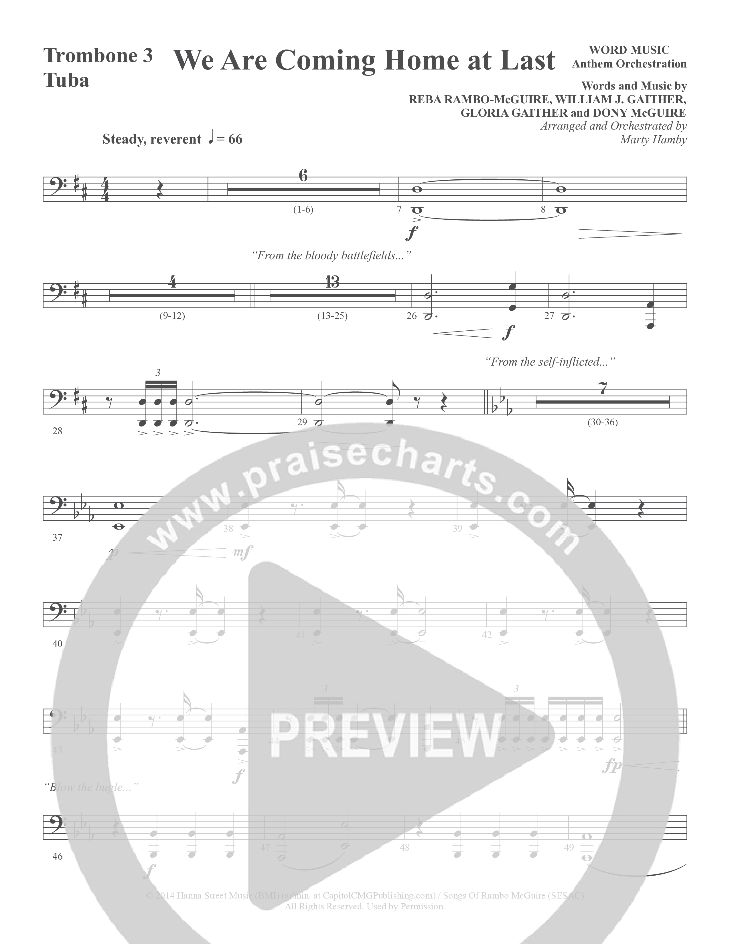 We Are Coming Home At Last (Choral Anthem SATB) Trombone 3/Tuba (Word Music Choral / Arr. Marty Hamby)