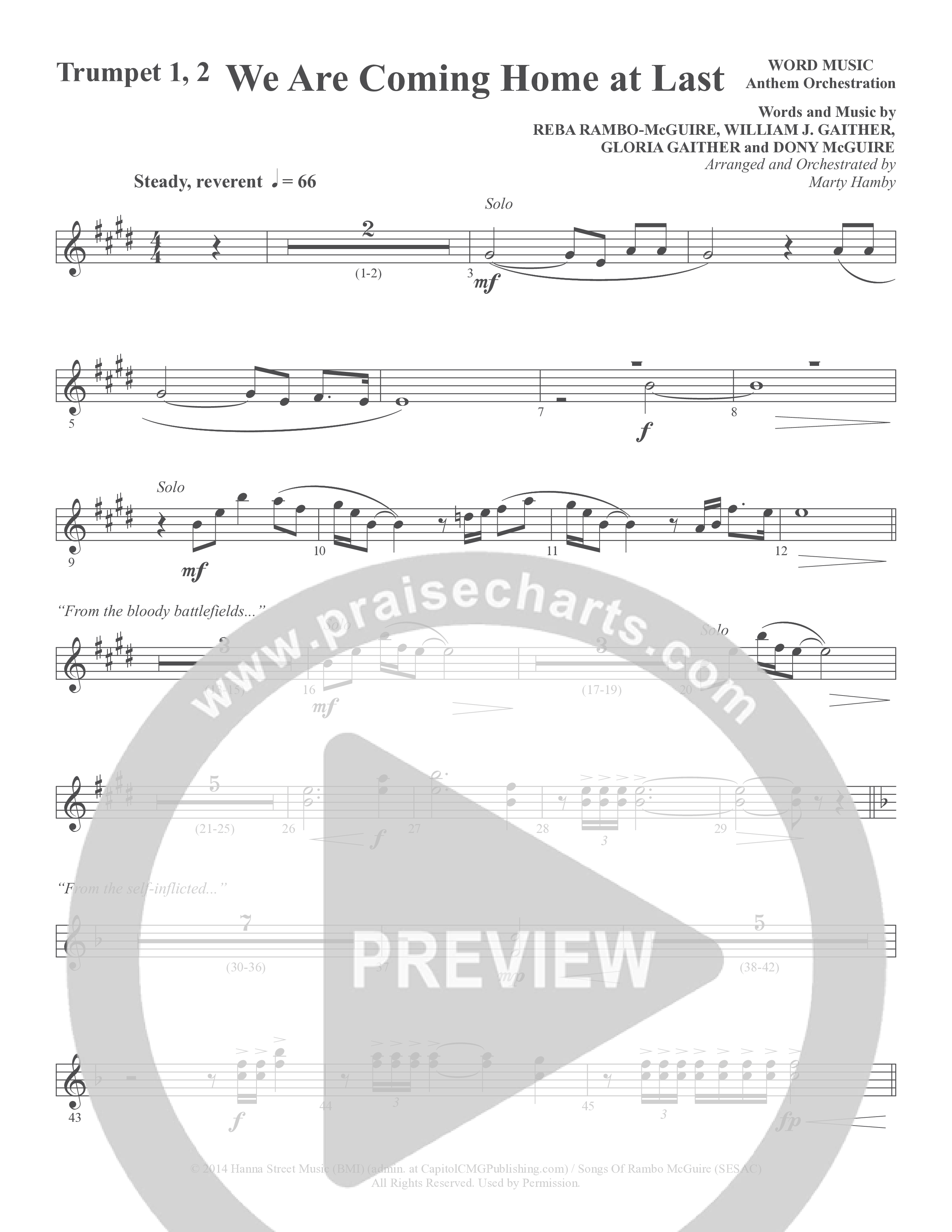 We Are Coming Home At Last (Choral Anthem SATB) Trumpet 1,2 (Word Music Choral / Arr. Marty Hamby)