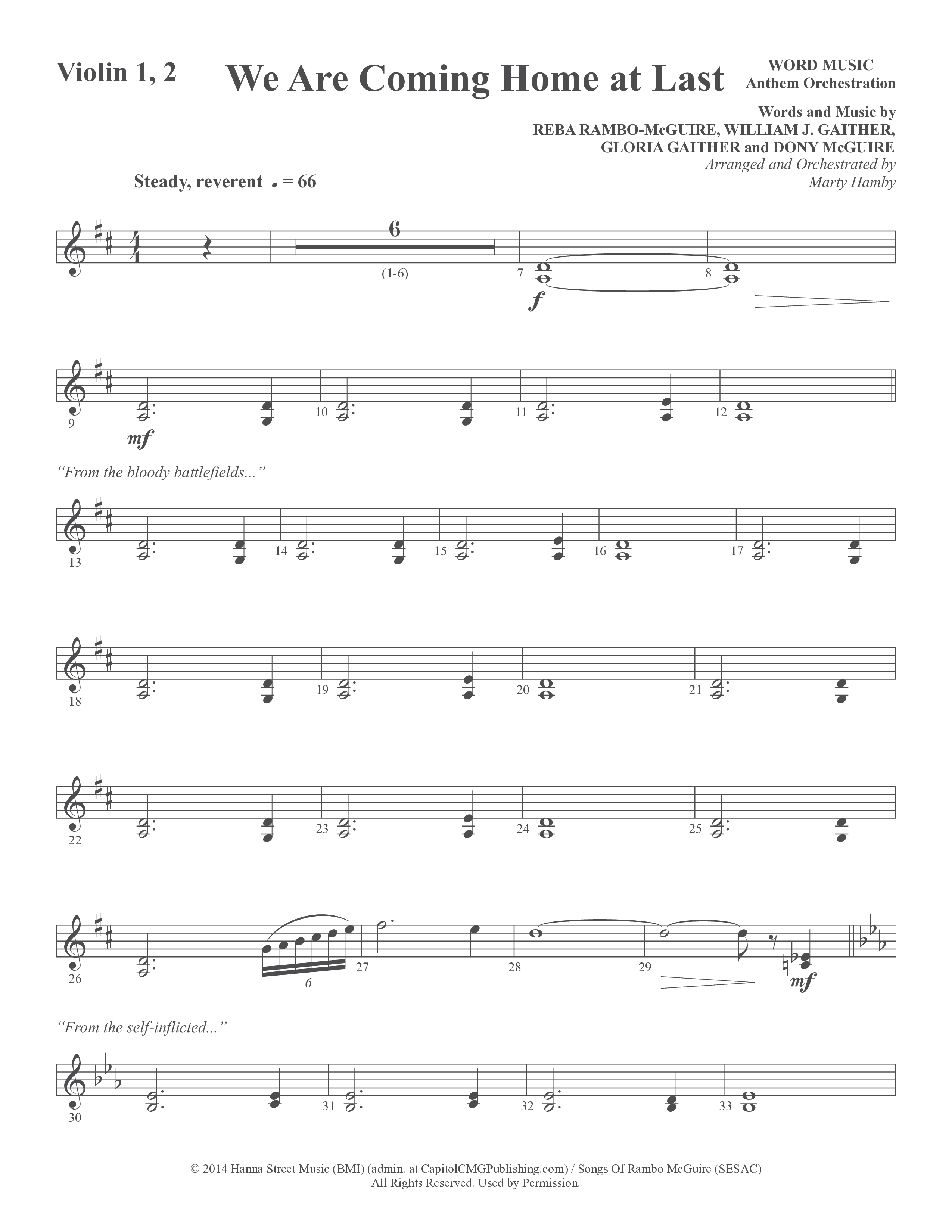 We Are Coming Home At Last (Choral Anthem SATB) Violin 1/2 (Word Music Choral / Arr. Marty Hamby)