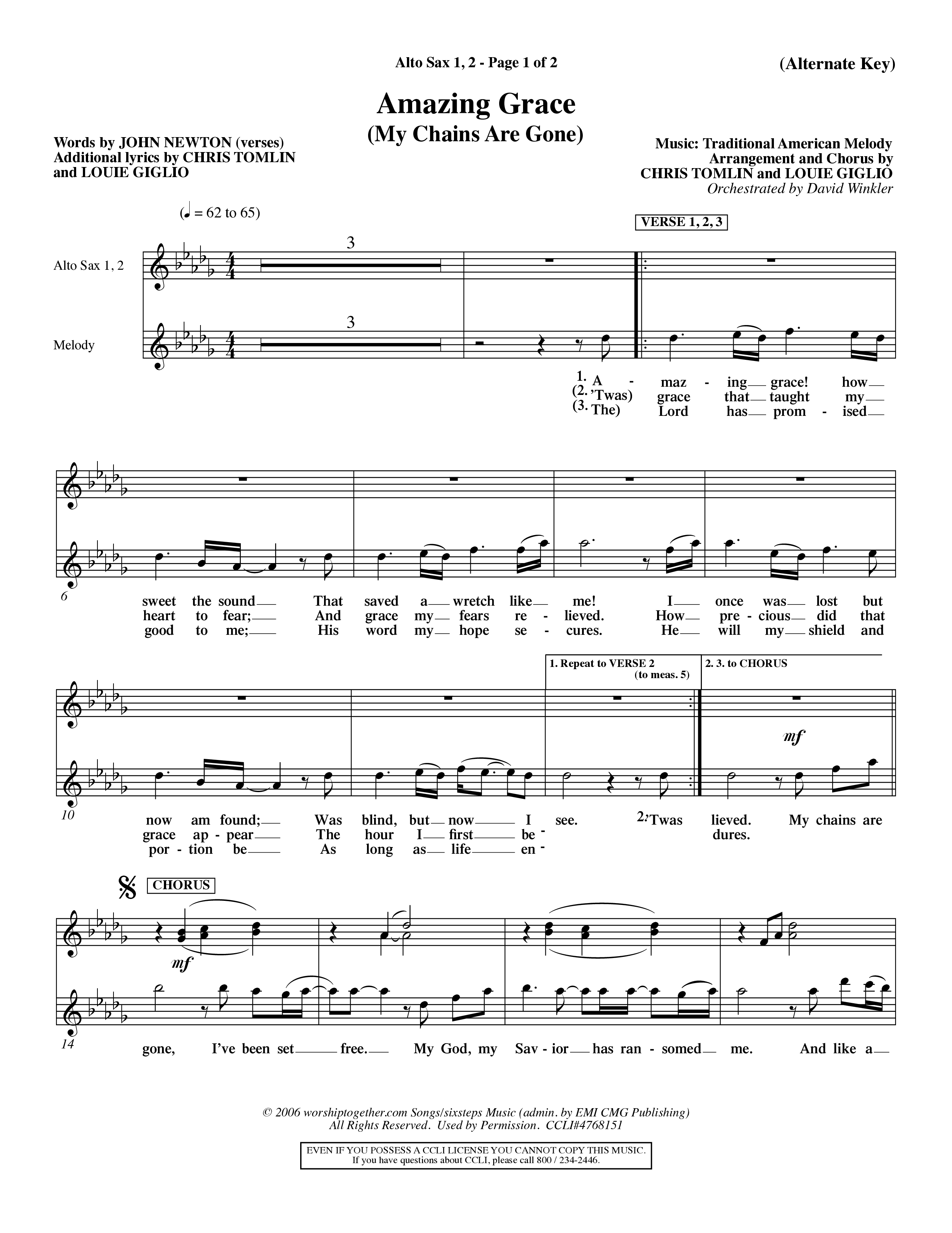 Amazing Grace (My Chains Are Gone) (Choral Anthem SATB) Alto Sax 1/2 (Word Music Choral / Orch. David Winkler)