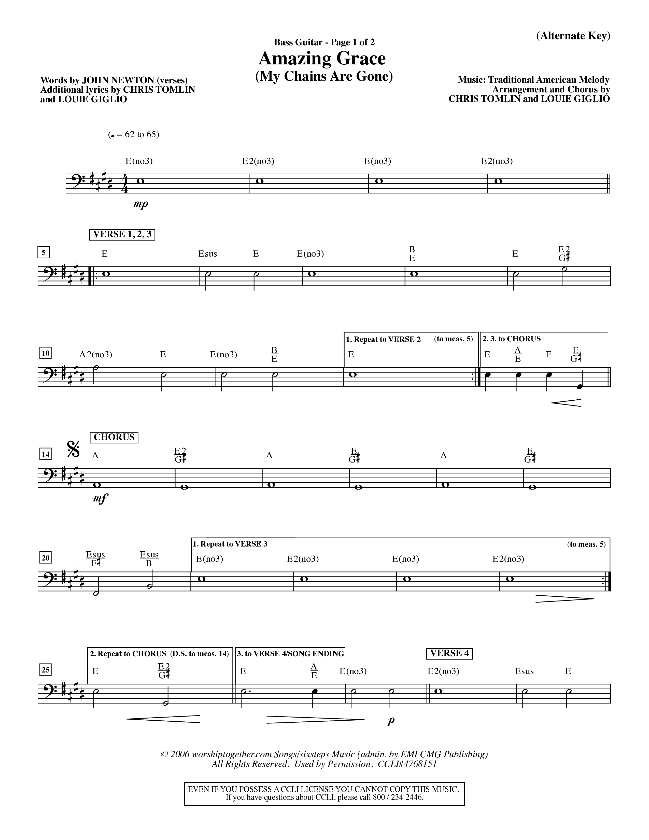 Amazing Grace (My Chains Are Gone) (Choral Anthem SATB) Bass Guitar (Word Music Choral / Orch. David Winkler)