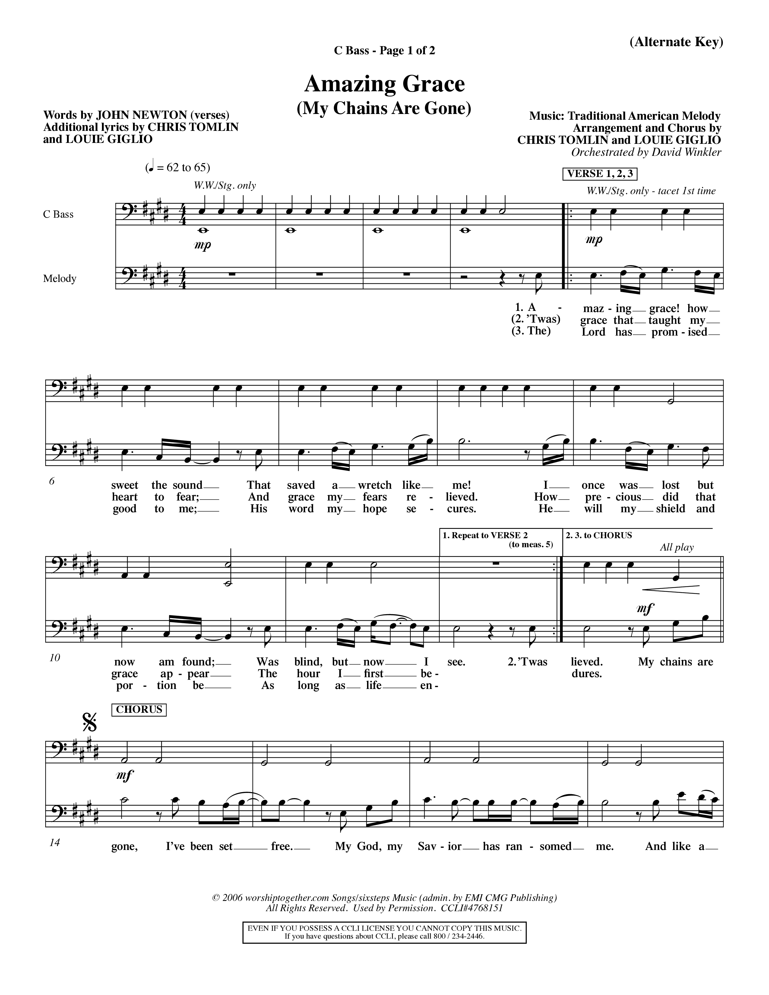 Amazing Grace (My Chains Are Gone) (Choral Anthem SATB) Contrabass (Word Music Choral / Orch. David Winkler)