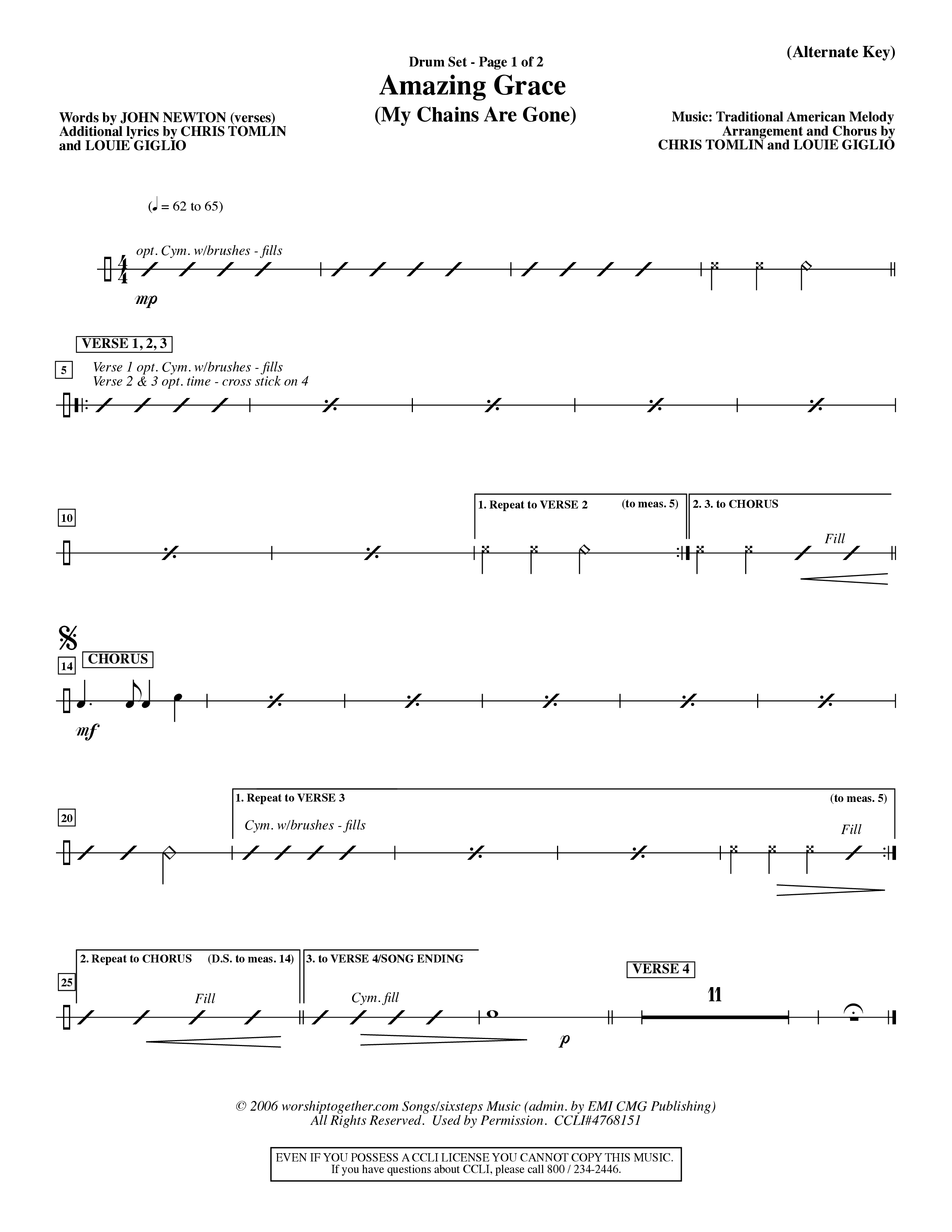 Amazing Grace (My Chains Are Gone) (Choral Anthem SATB) Drum Set (Word Music Choral / Orch. David Winkler)