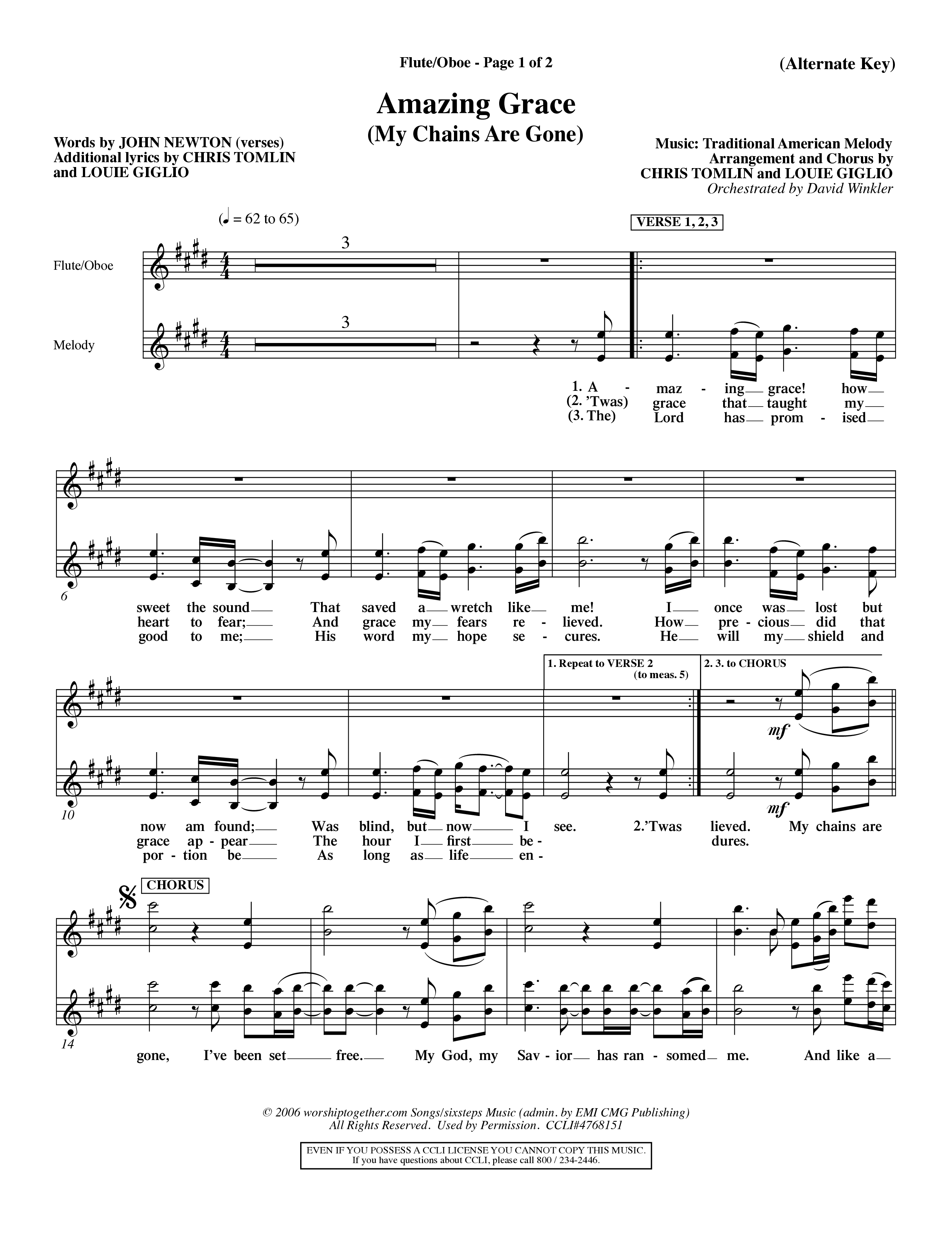 Amazing Grace (My Chains Are Gone) (Choral Anthem SATB) Flute/Oboe (Word Music Choral / Orch. David Winkler)