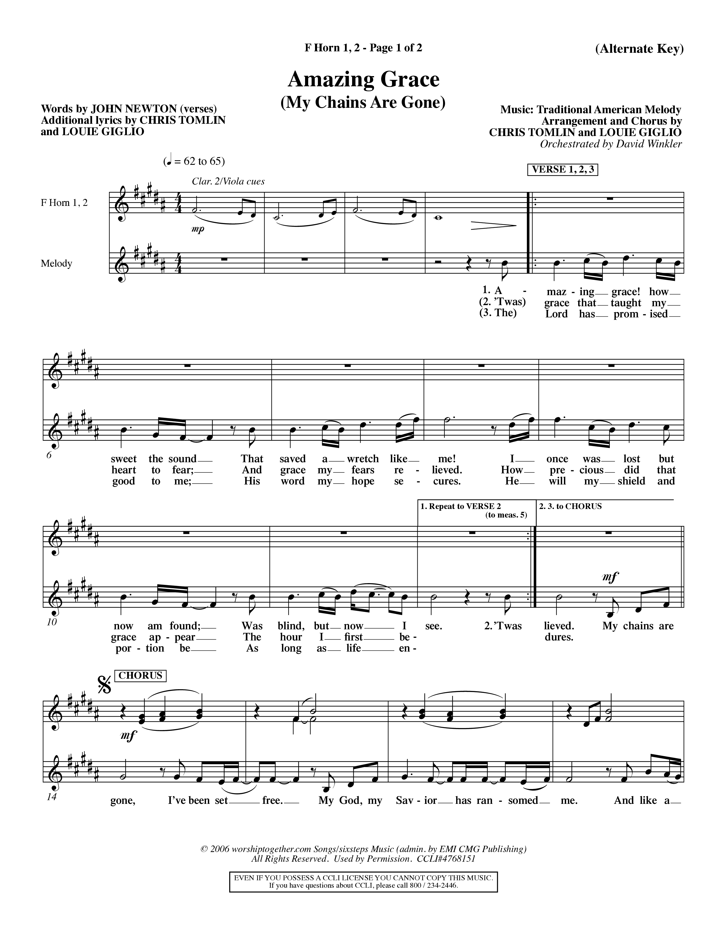 Amazing Grace (My Chains Are Gone) (Choral Anthem SATB) French Horn (Word Music Choral / Orch. David Winkler)