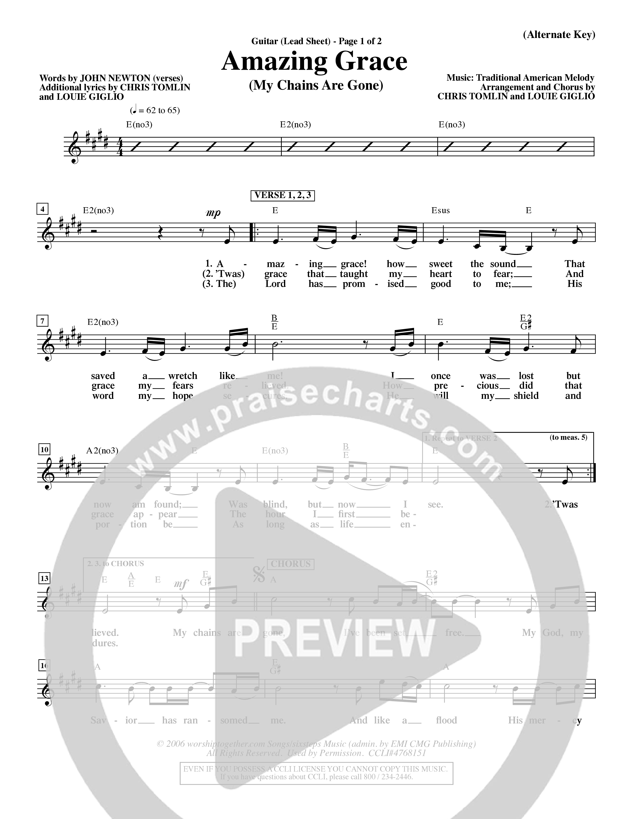 Amazing Grace (My Chains Are Gone) (Choral Anthem SATB) Lead Sheet (Mel) (Word Music Choral / Orch. David Winkler)