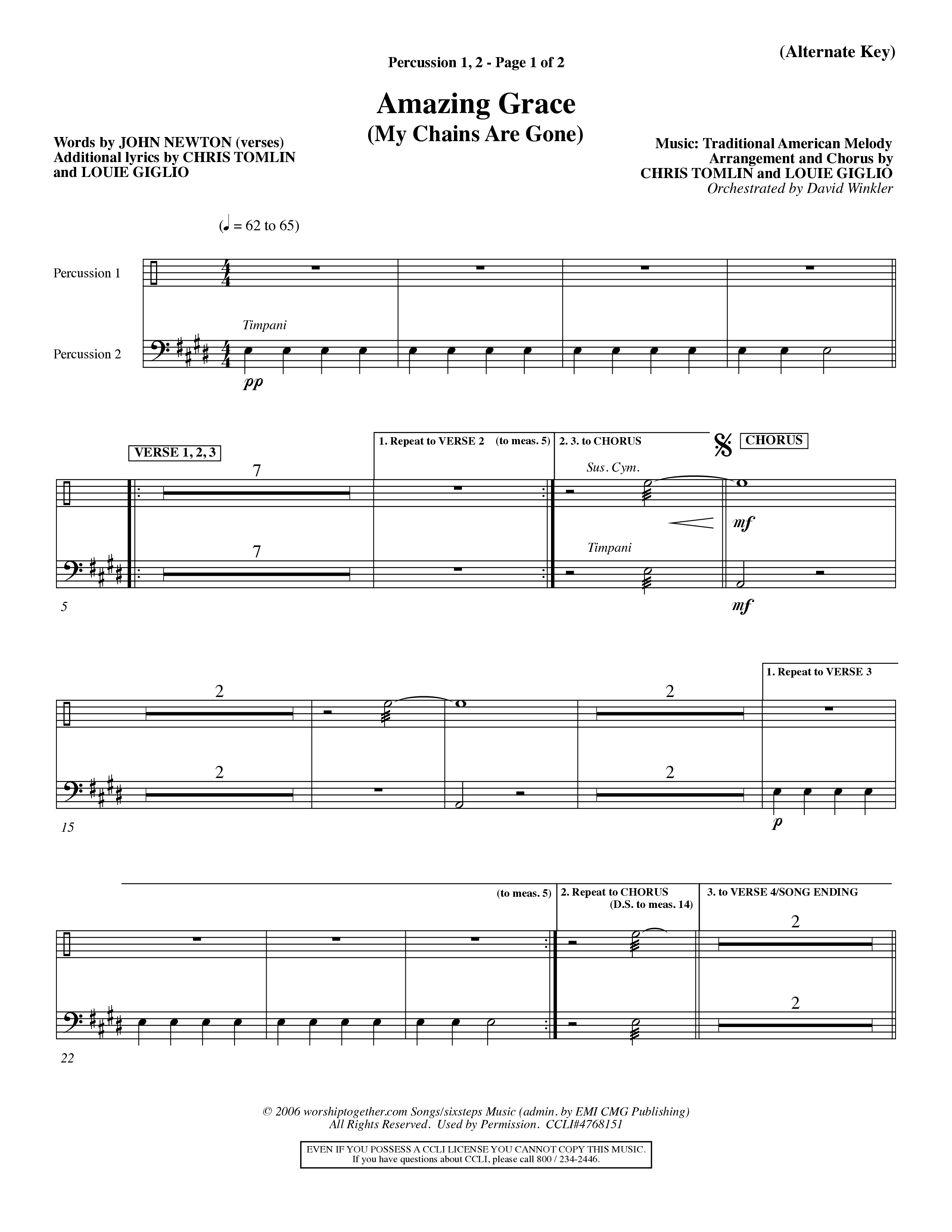 Amazing Grace (My Chains Are Gone) (Choral Anthem SATB) Percussion 1/2 (Word Music Choral / Orch. David Winkler)