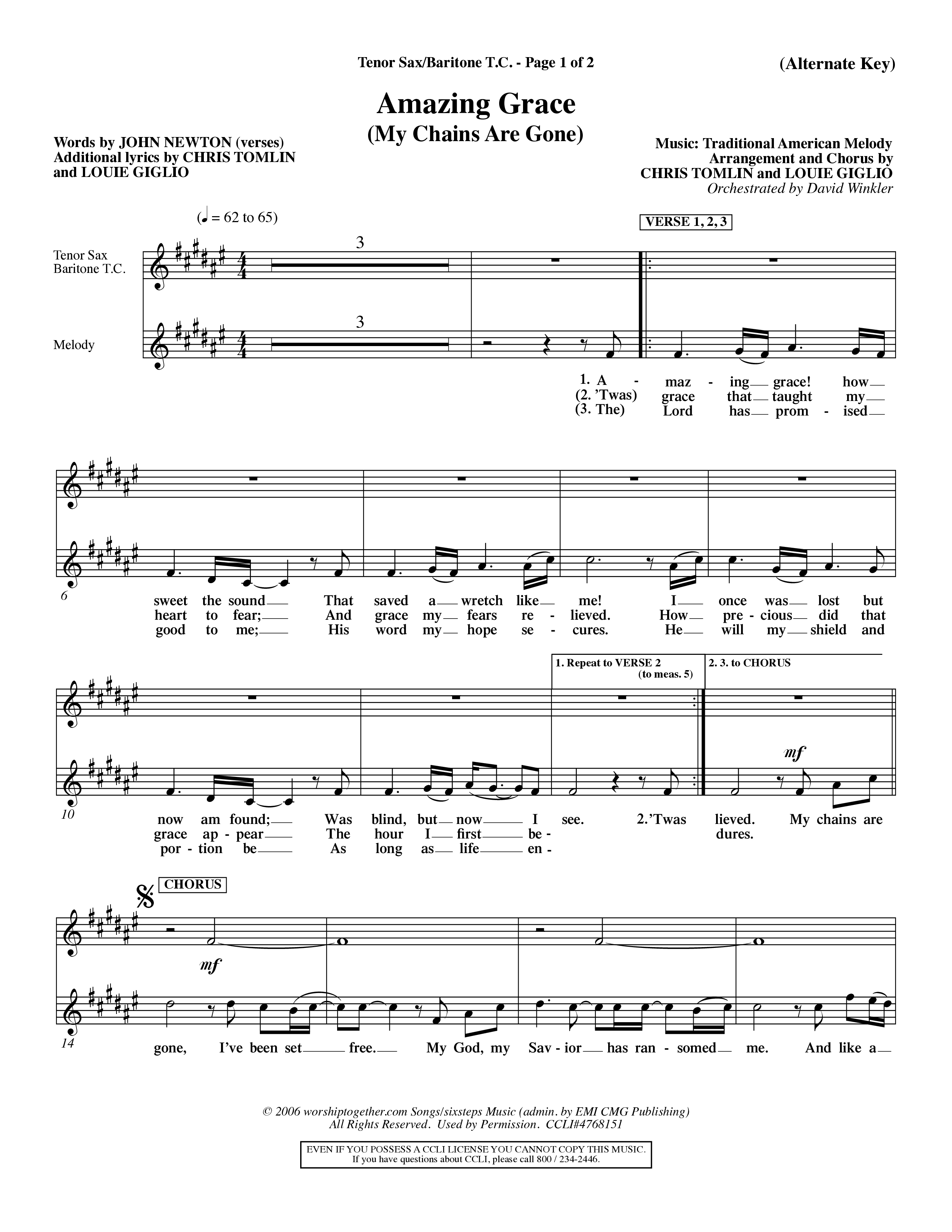Amazing Grace (My Chains Are Gone) (Choral Anthem SATB) Tenor Sax/Baritone T.C. (Word Music Choral / Orch. David Winkler)