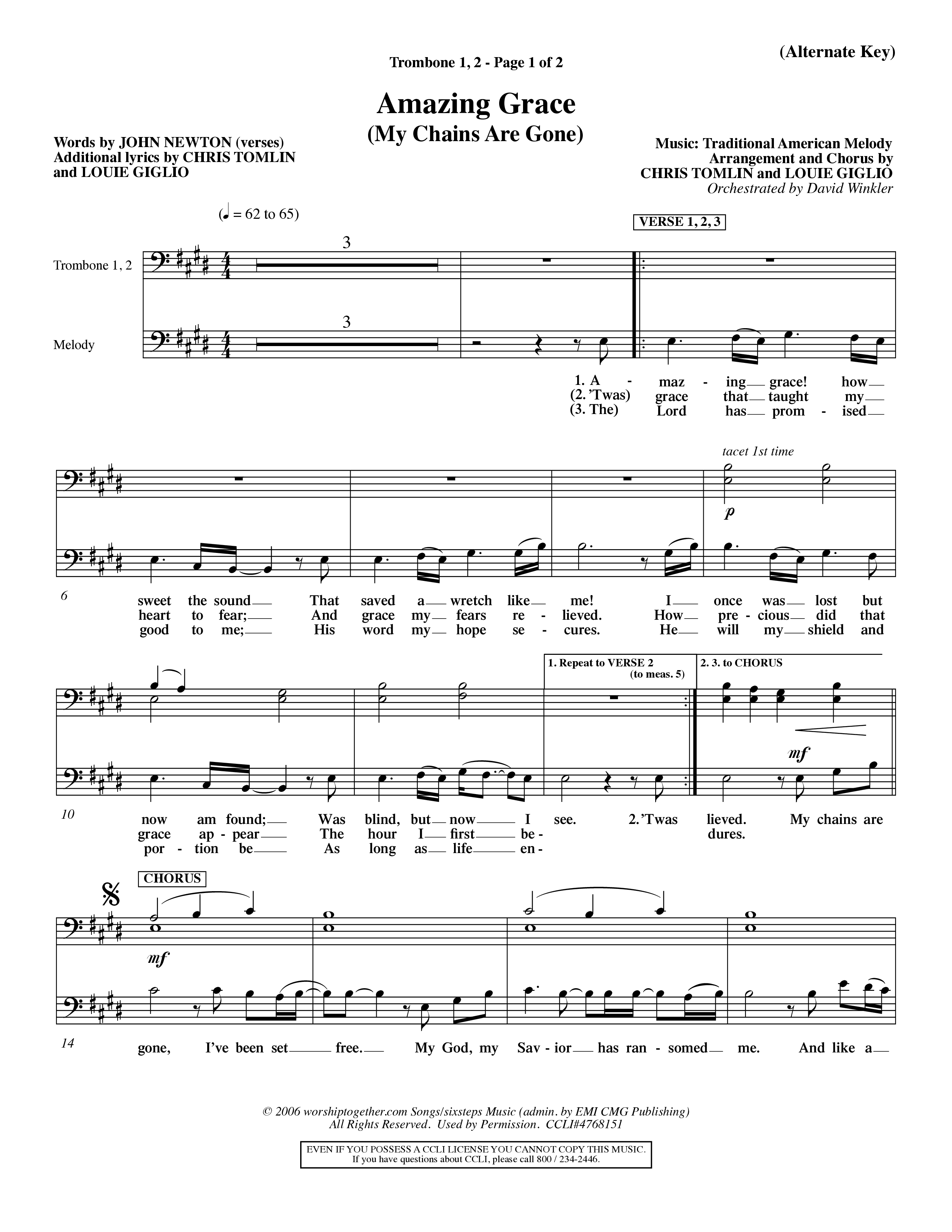 Amazing Grace (My Chains Are Gone) (Choral Anthem SATB) Trombone 1/2 (Word Music Choral / Orch. David Winkler)