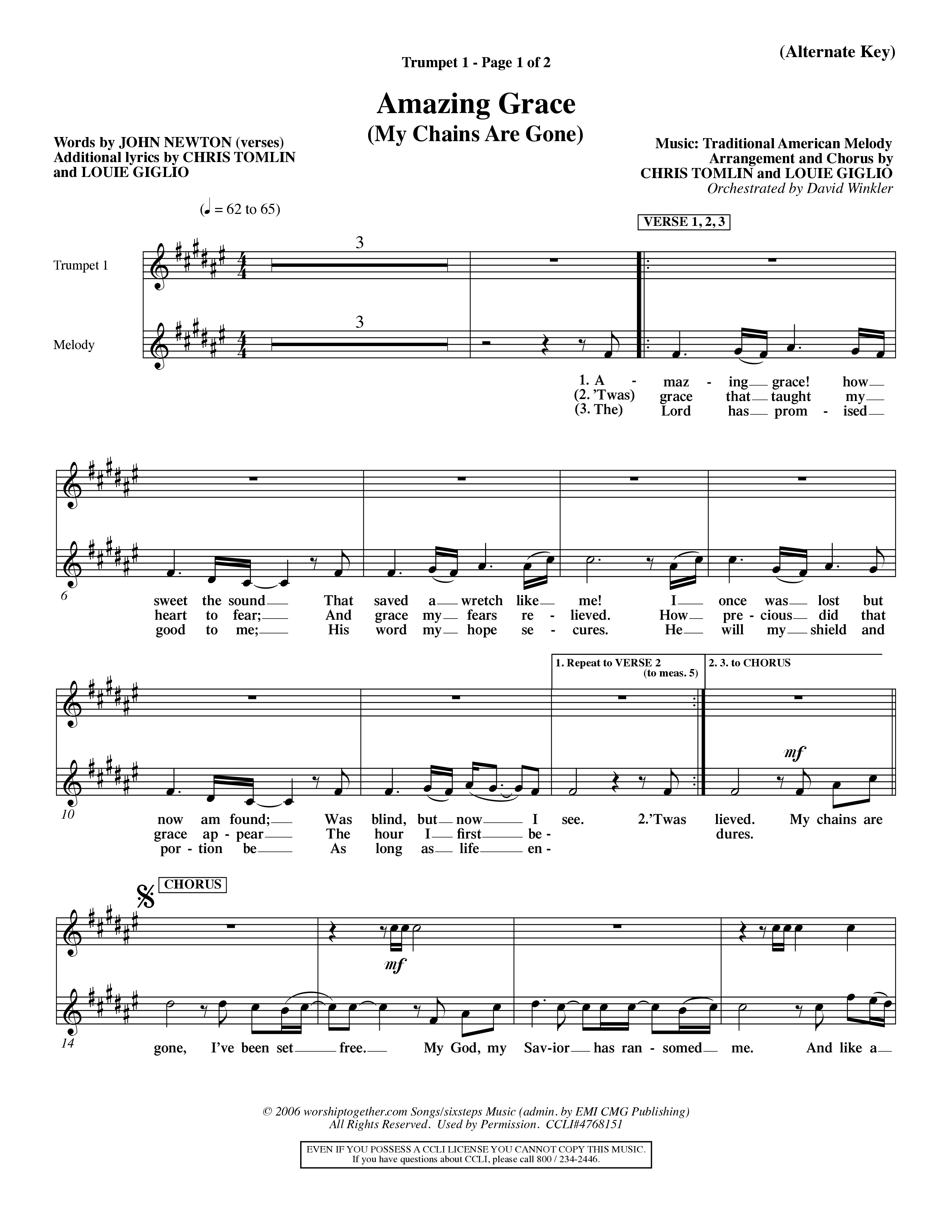 Amazing Grace (My Chains Are Gone) (Choral Anthem SATB) Trumpet 1 (Word Music Choral / Orch. David Winkler)