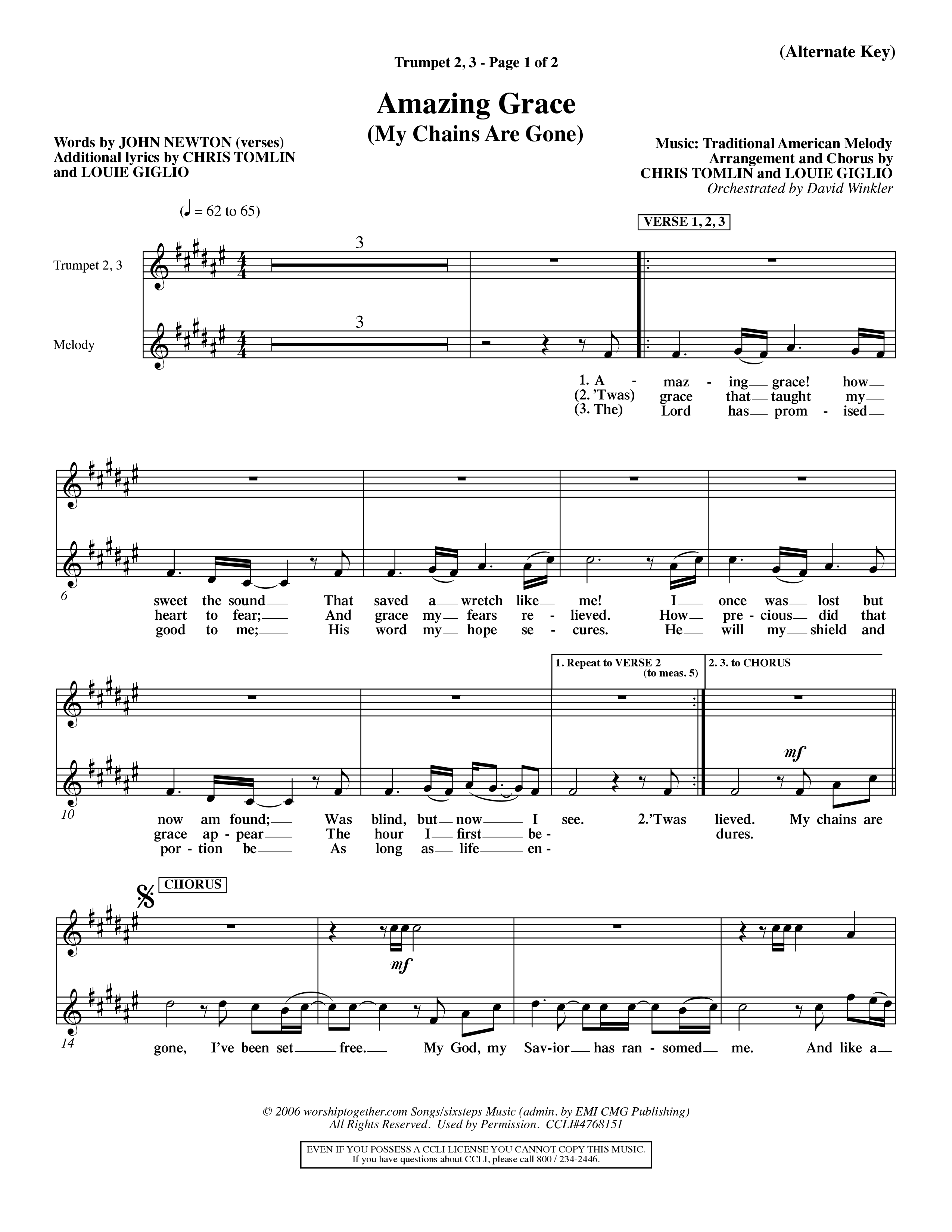 Amazing Grace (My Chains Are Gone) (Choral Anthem SATB) Trumpet 2/3 (Word Music Choral / Orch. David Winkler)