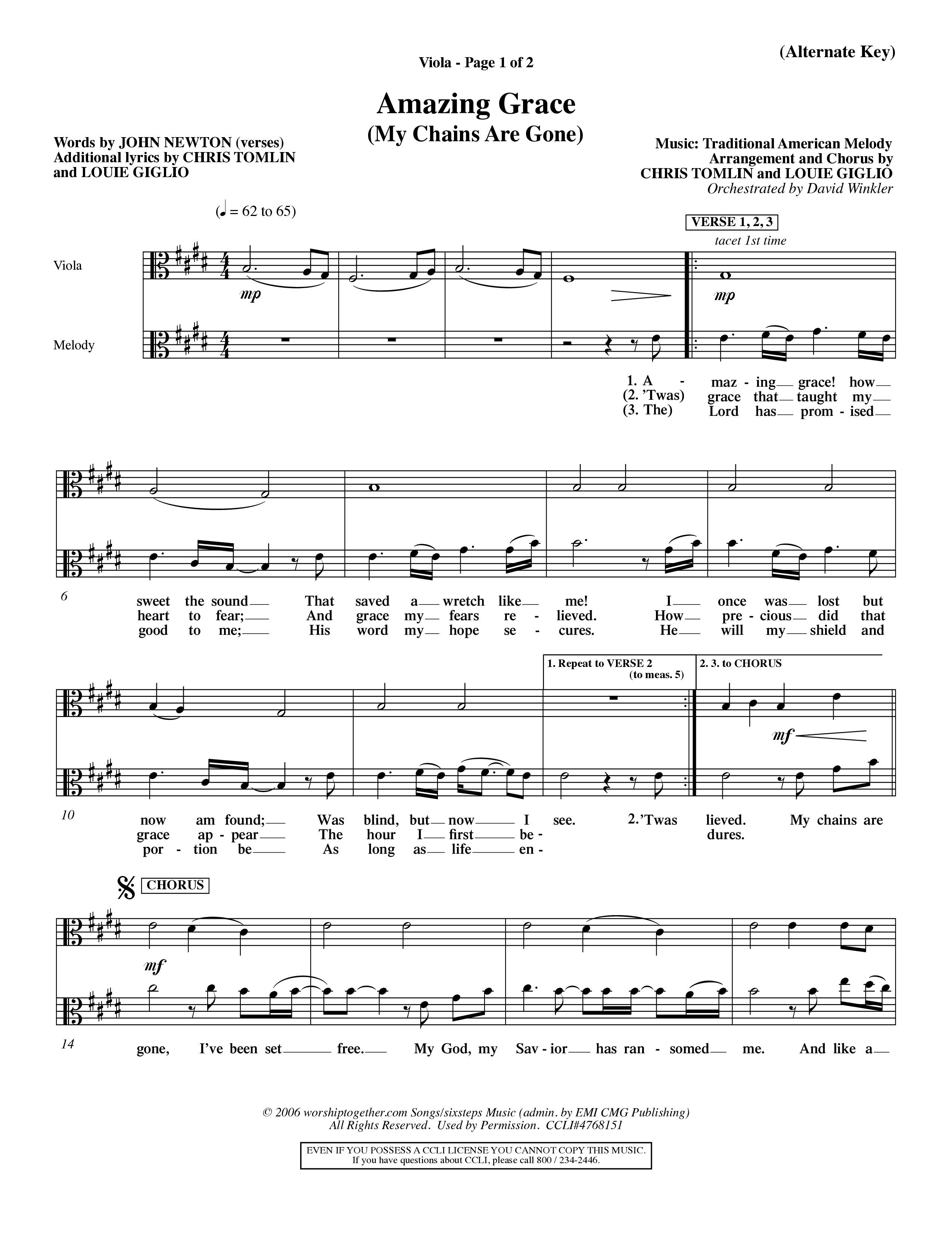 Amazing Grace (My Chains Are Gone) (Choral Anthem SATB) Viola (Word Music Choral / Orch. David Winkler)