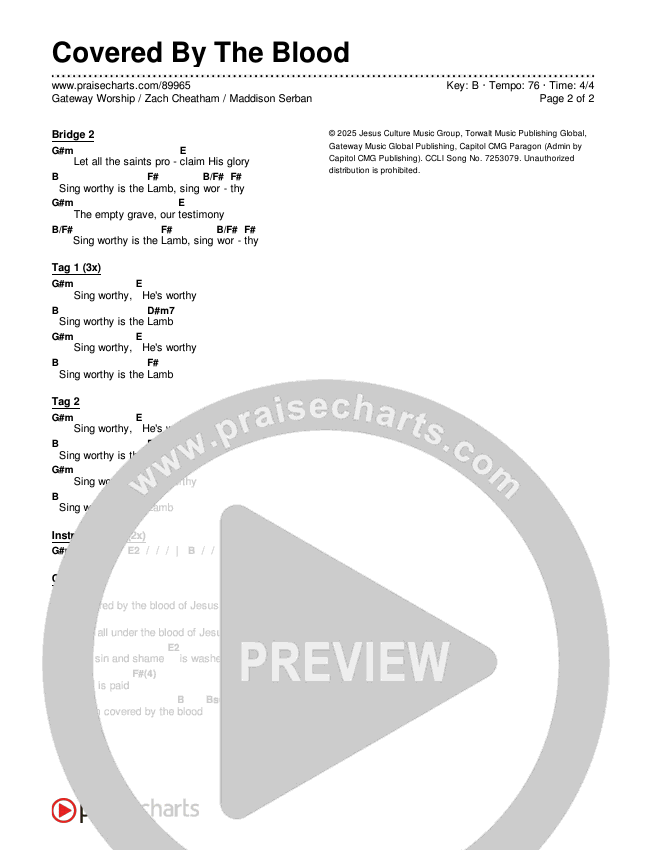 Covered By The Blood Chords & Lyrics (Gateway Worship / Zach Cheatham / Maddison Serban)