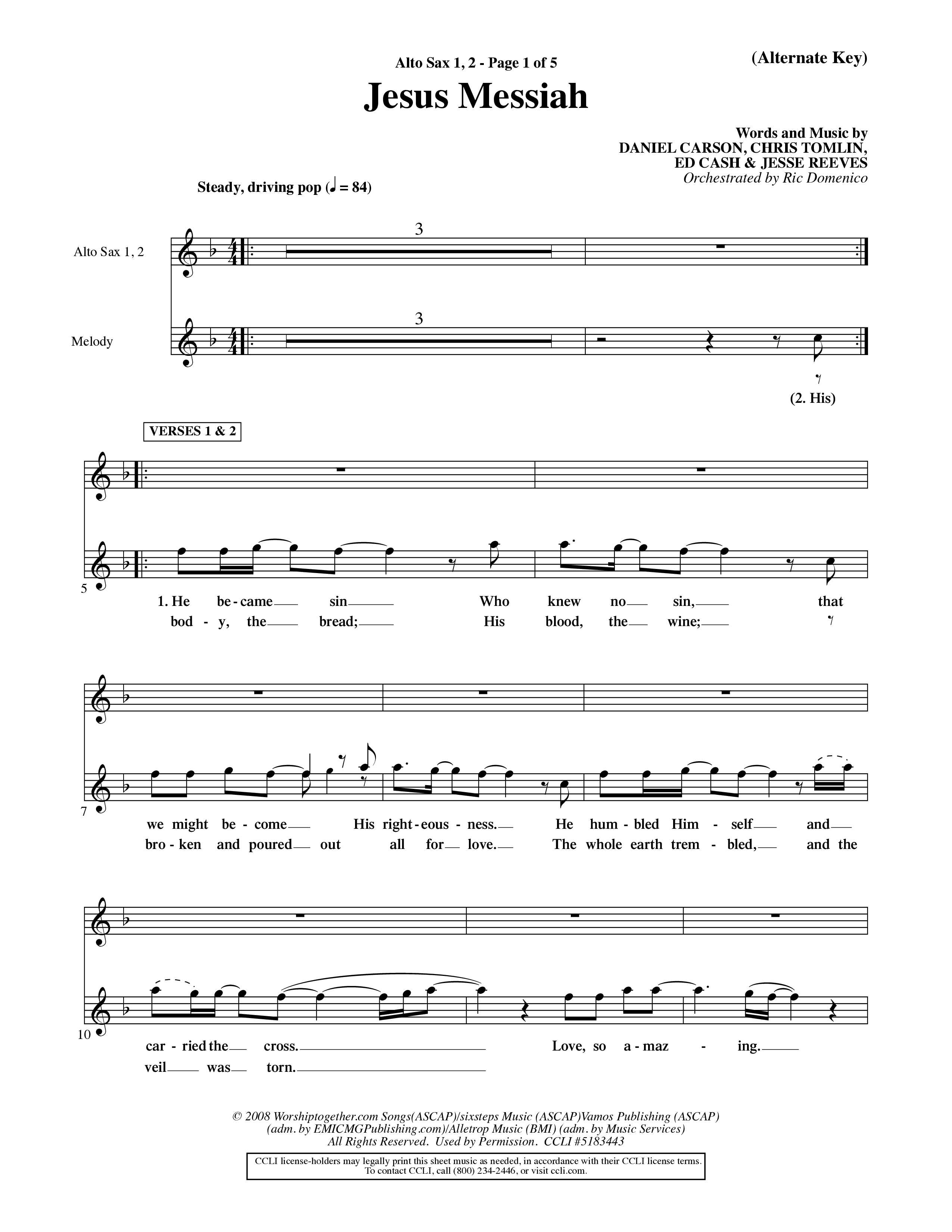 Jesus Messiah (Choral Anthem SATB) Alto Sax 1/2 (Word Music Choral / Orch. Ric Domenico)