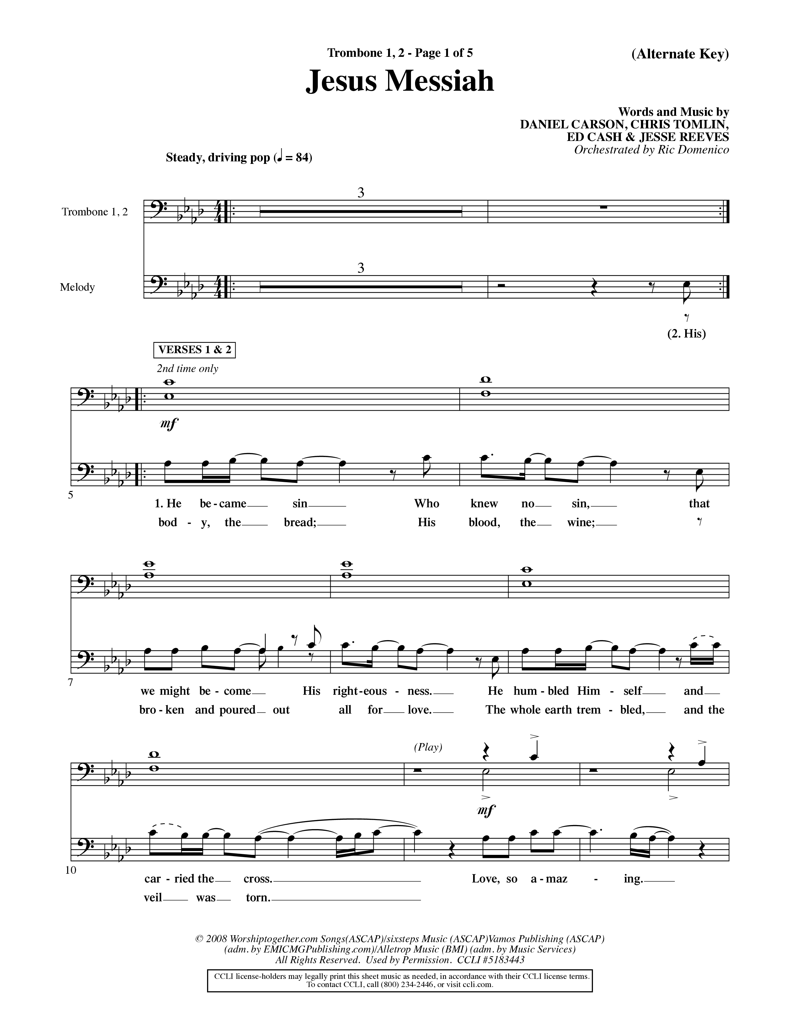 Jesus Messiah (Choral Anthem SATB) Trombone 1/2 (Word Music Choral / Orch. Ric Domenico)