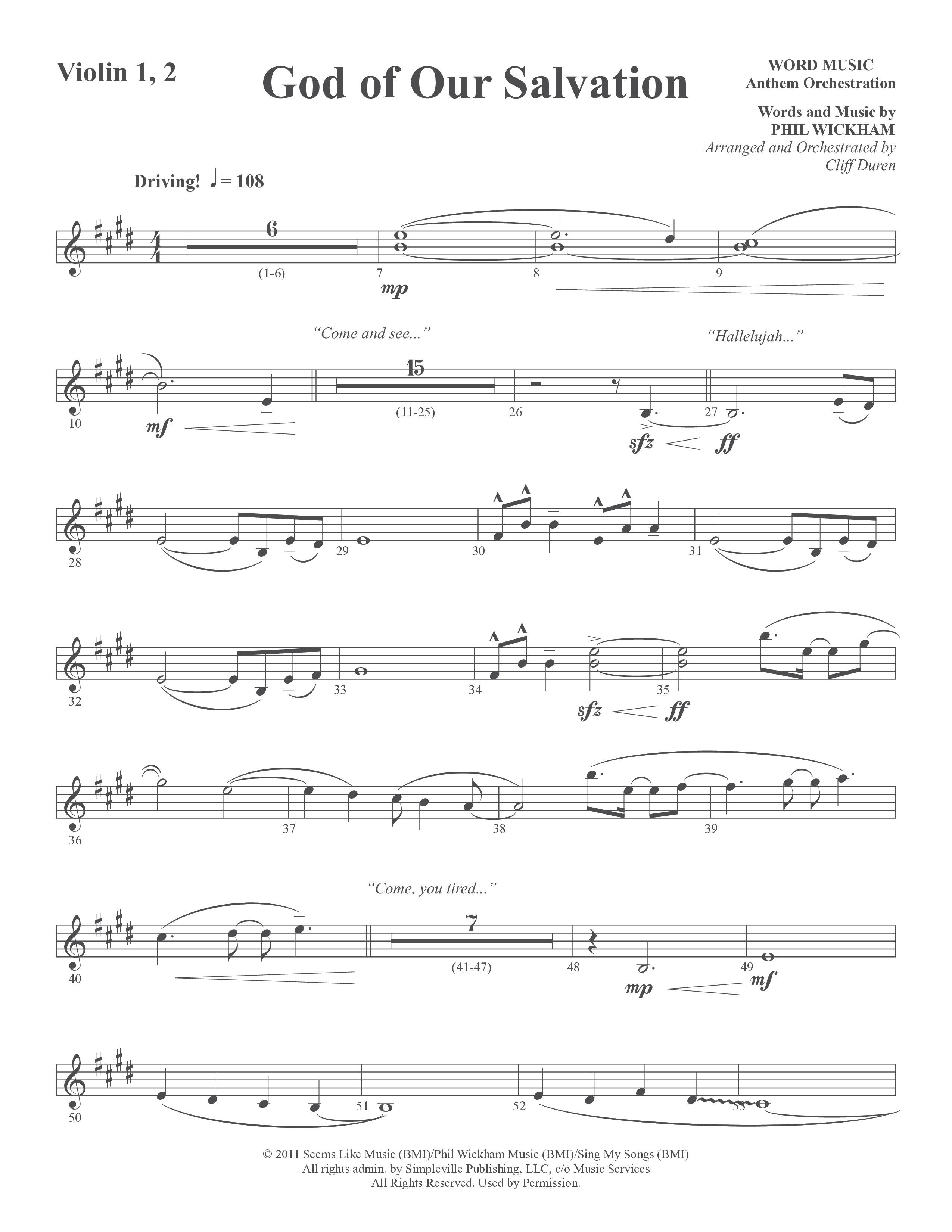God Of Our Salvation (Choral Anthem SATB) Violin 1/2 (Word Music Choral / Arr. Cliff Duren)