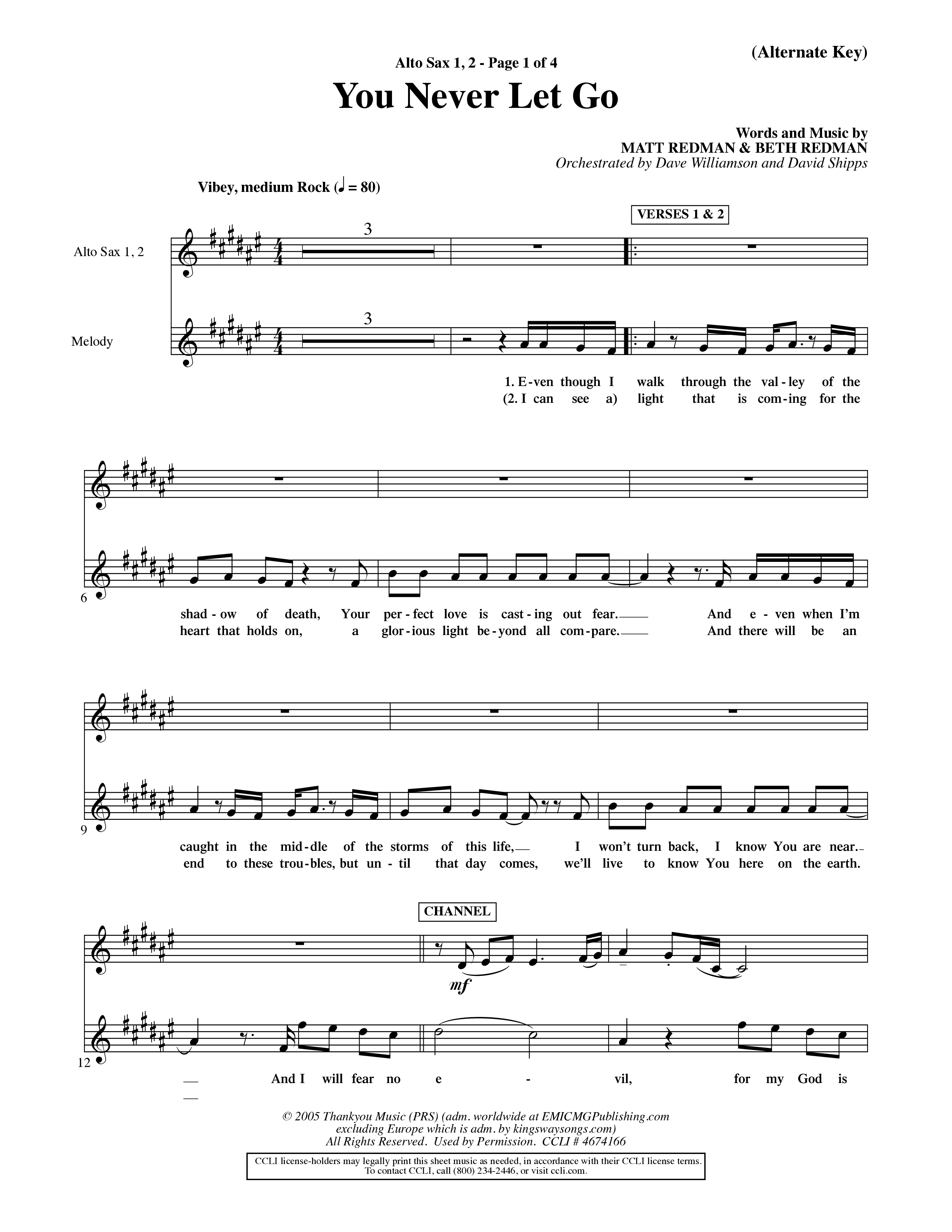 You Never Let Go (Choral Anthem SATB) Alto Sax 1/2 (Orch. Dave Williamson / Orch. David Shipps)