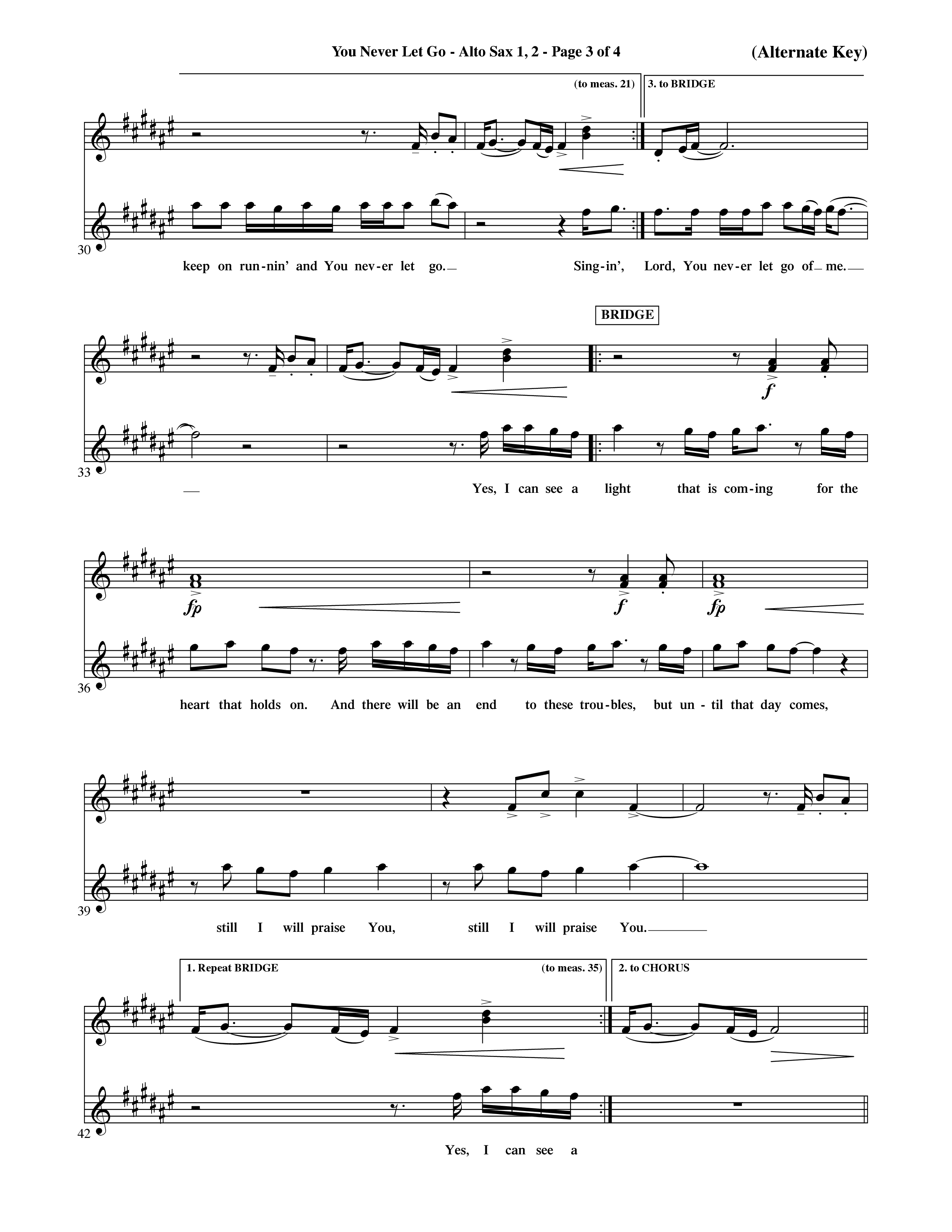 You Never Let Go (Choral Anthem SATB) Alto Sax 1/2 (Orch. Dave Williamson / Orch. David Shipps)