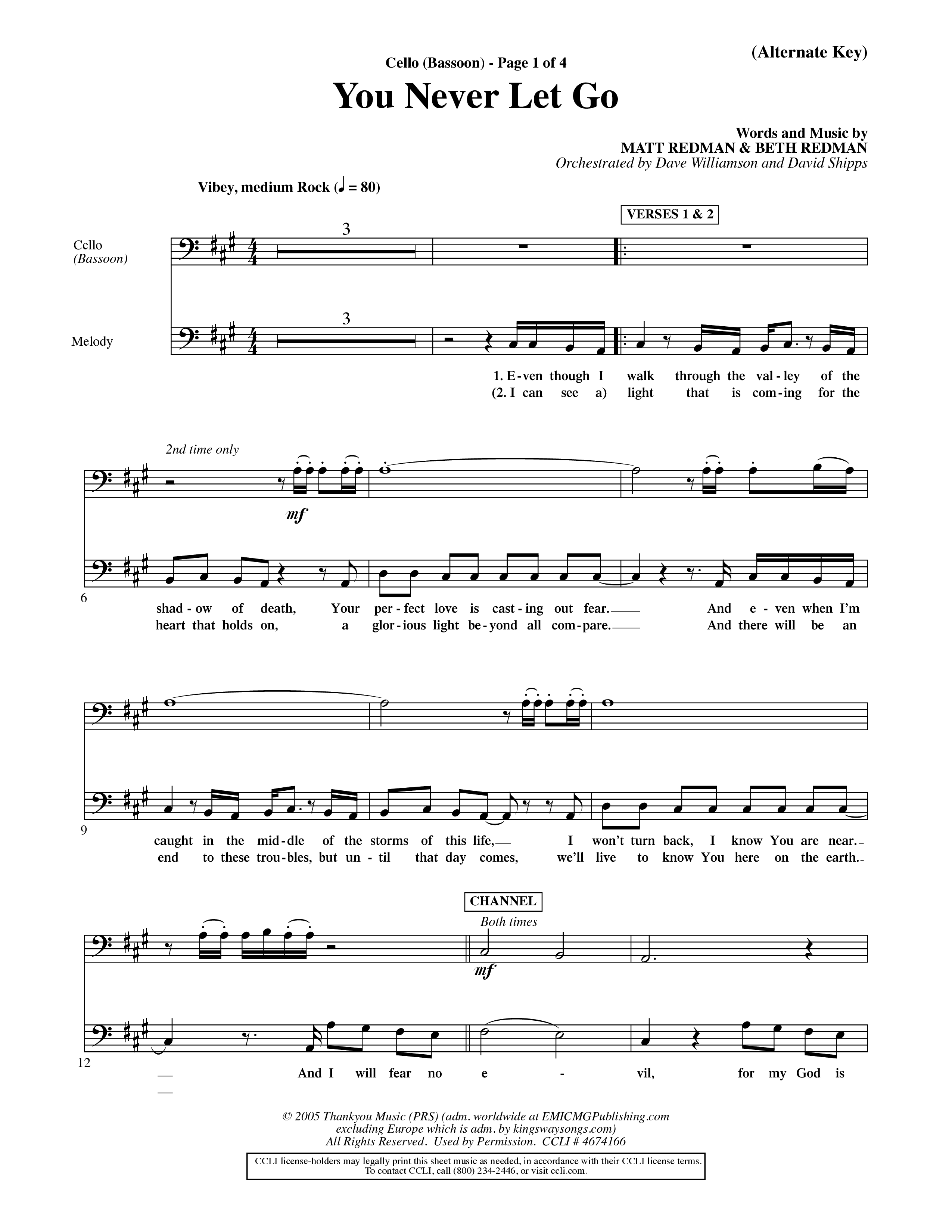 You Never Let Go (Choral Anthem SATB) Cello (Orch. Dave Williamson / Orch. David Shipps)