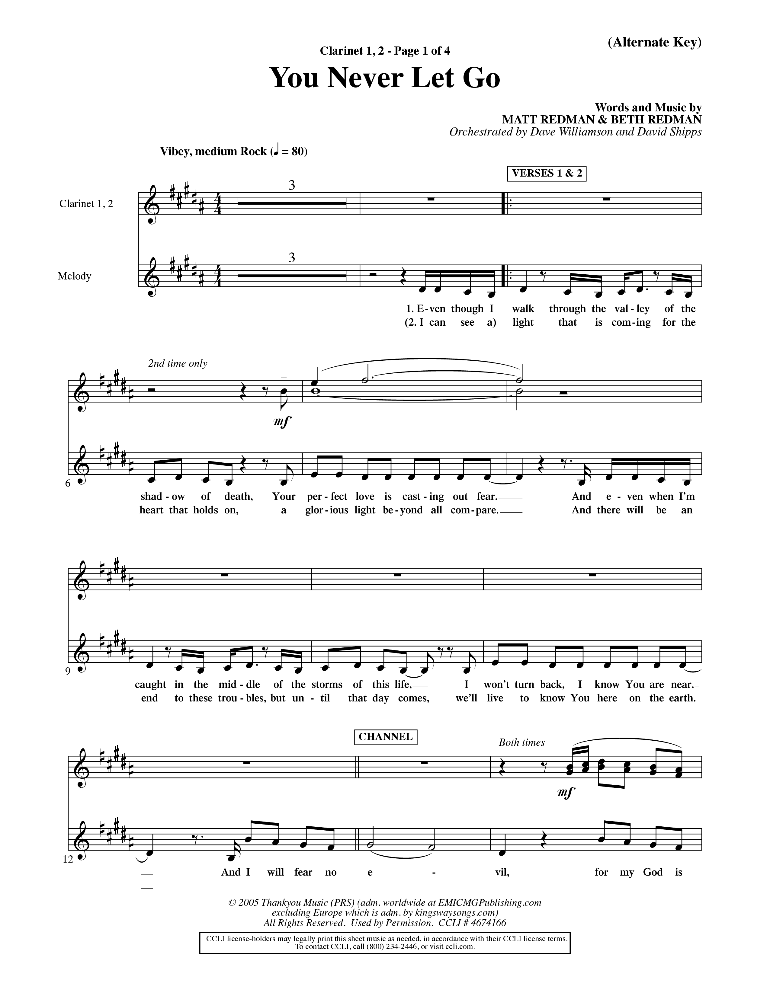 You Never Let Go (Choral Anthem SATB) Clarinet 1/2 (Orch. Dave Williamson / Orch. David Shipps)