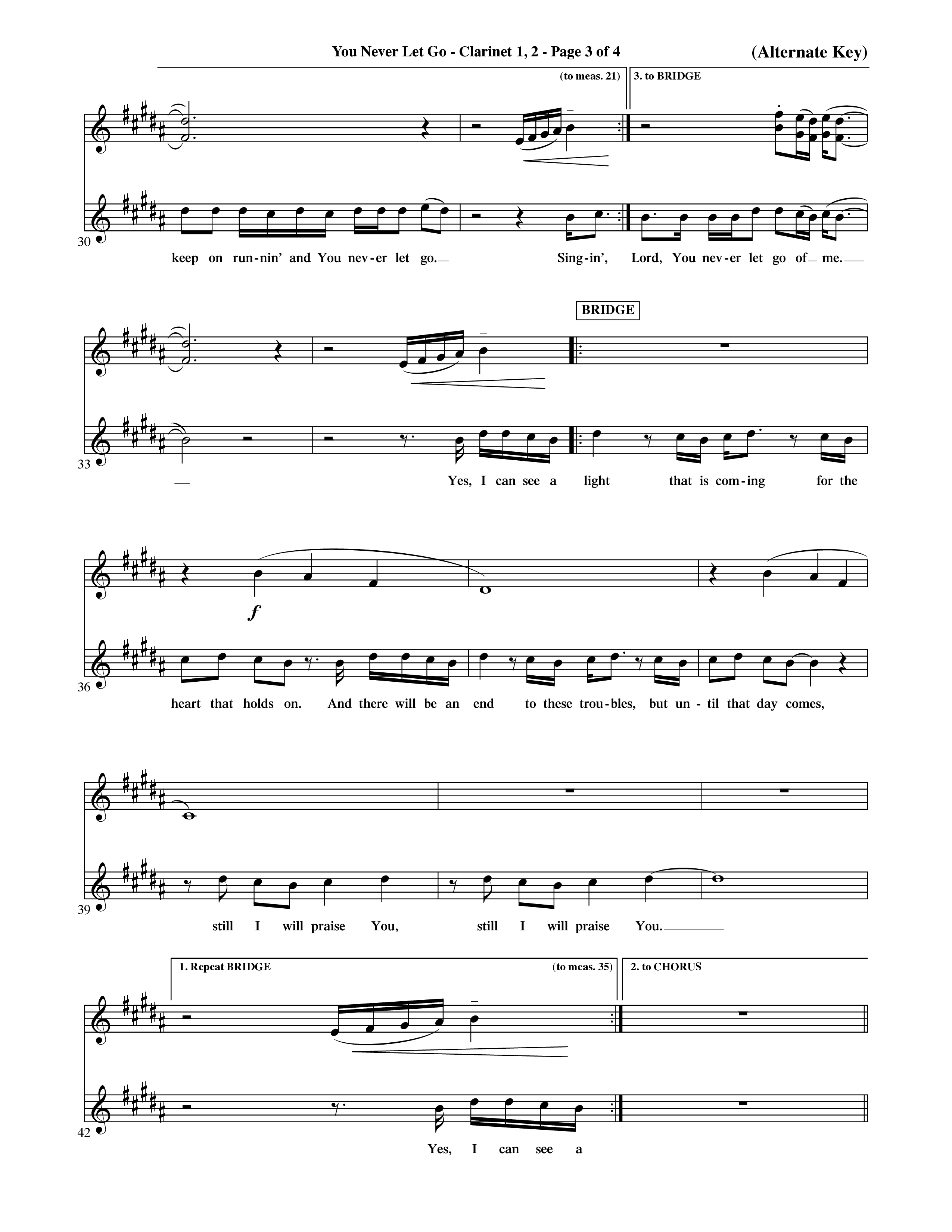 You Never Let Go (Choral Anthem SATB) Clarinet 1/2 (Orch. Dave Williamson / Orch. David Shipps)