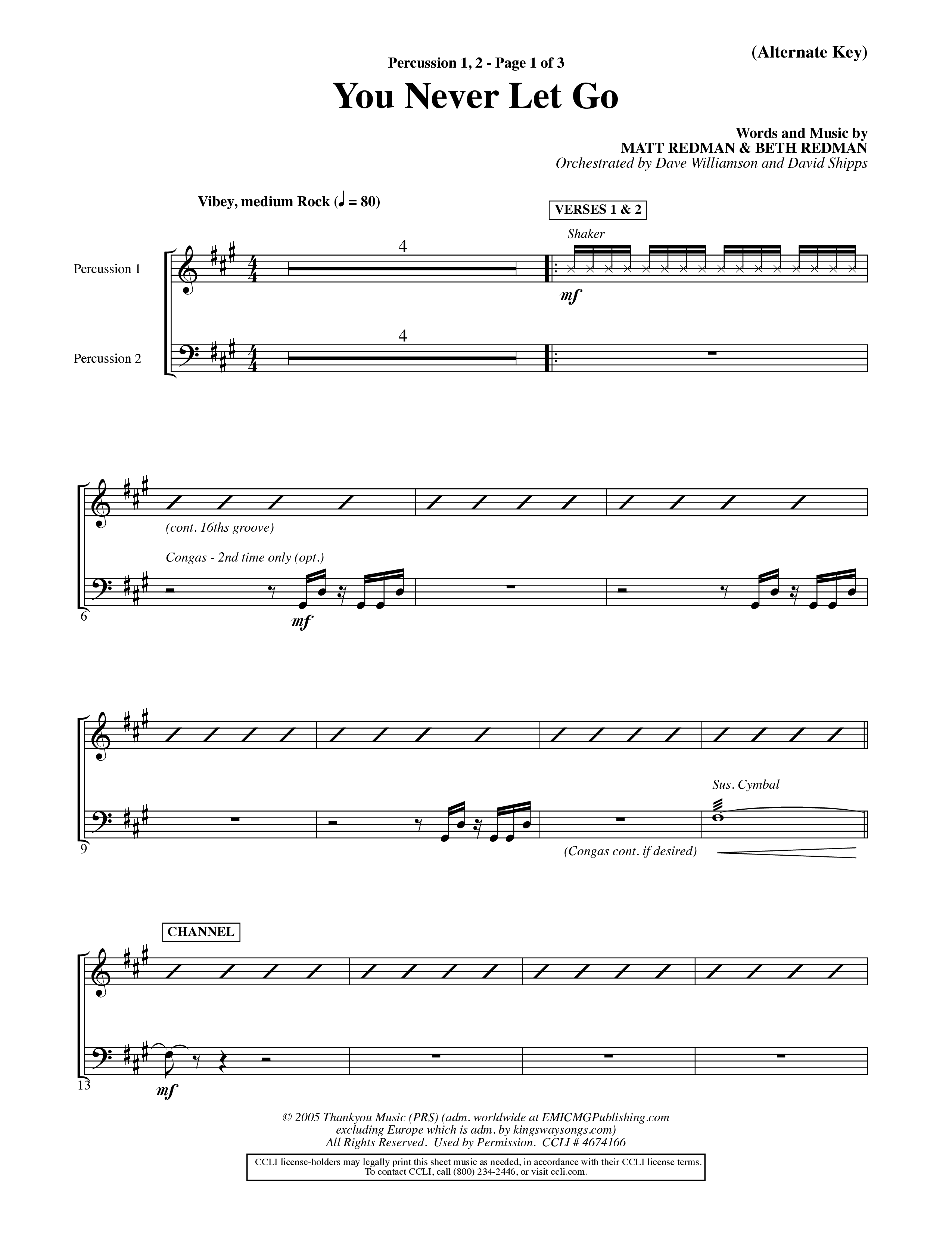 You Never Let Go (Choral Anthem SATB) Percussion 1/2 (Orch. Dave Williamson / Orch. David Shipps)