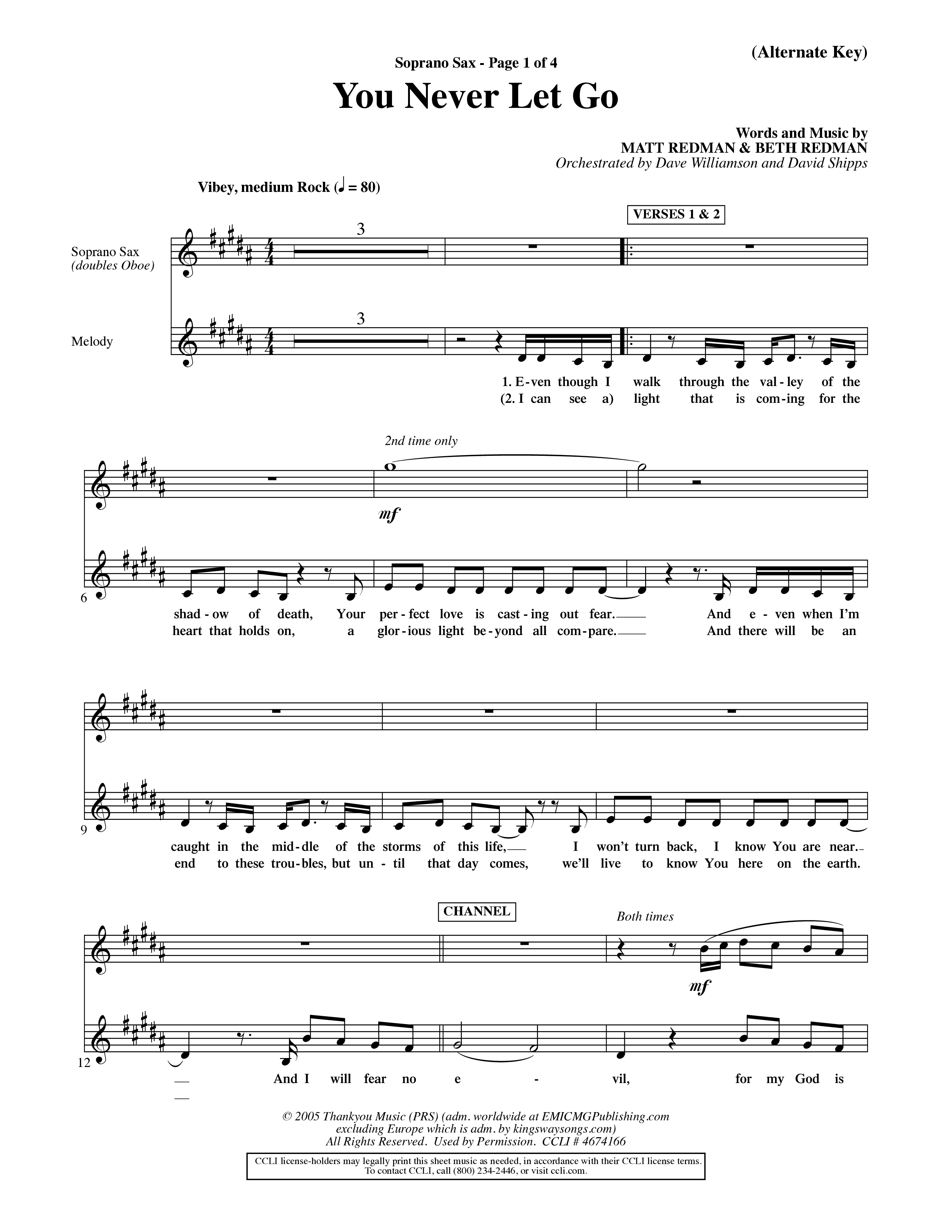 You Never Let Go (Choral Anthem SATB) Saxophone (Orch. Dave Williamson / Orch. David Shipps)