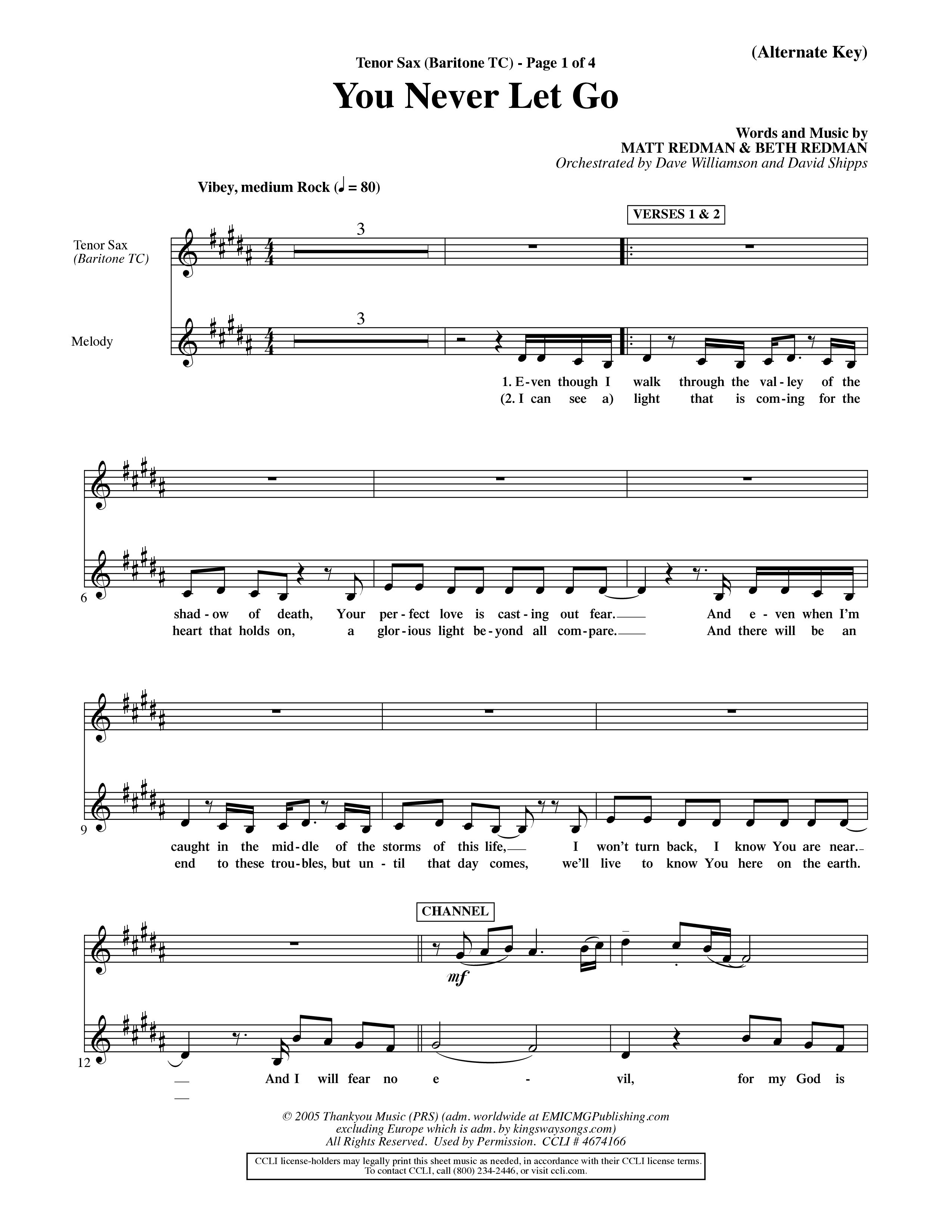 You Never Let Go (Choral Anthem SATB) Tenor Sax/Baritone T.C. (Orch. Dave Williamson / Orch. David Shipps)