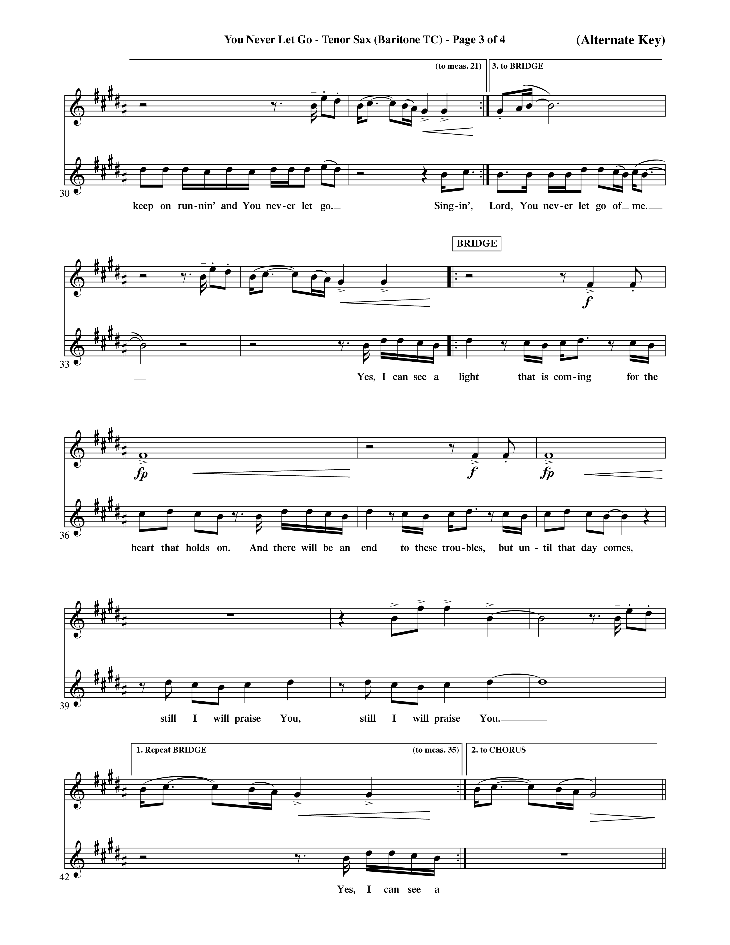You Never Let Go (Choral Anthem SATB) Tenor Sax/Baritone T.C. (Orch. Dave Williamson / Orch. David Shipps)