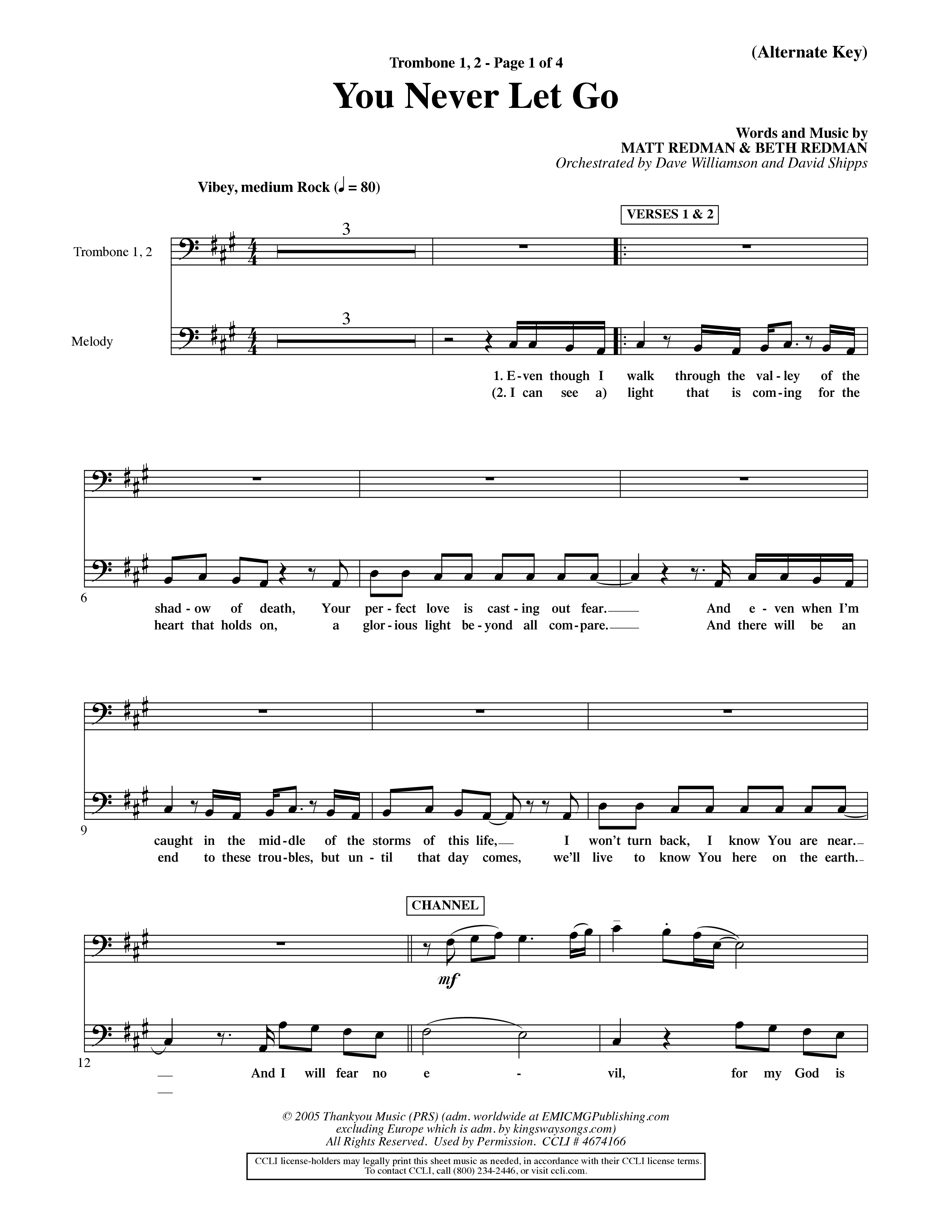 You Never Let Go (Choral Anthem SATB) Trombone 1/2 (Orch. Dave Williamson / Orch. David Shipps)