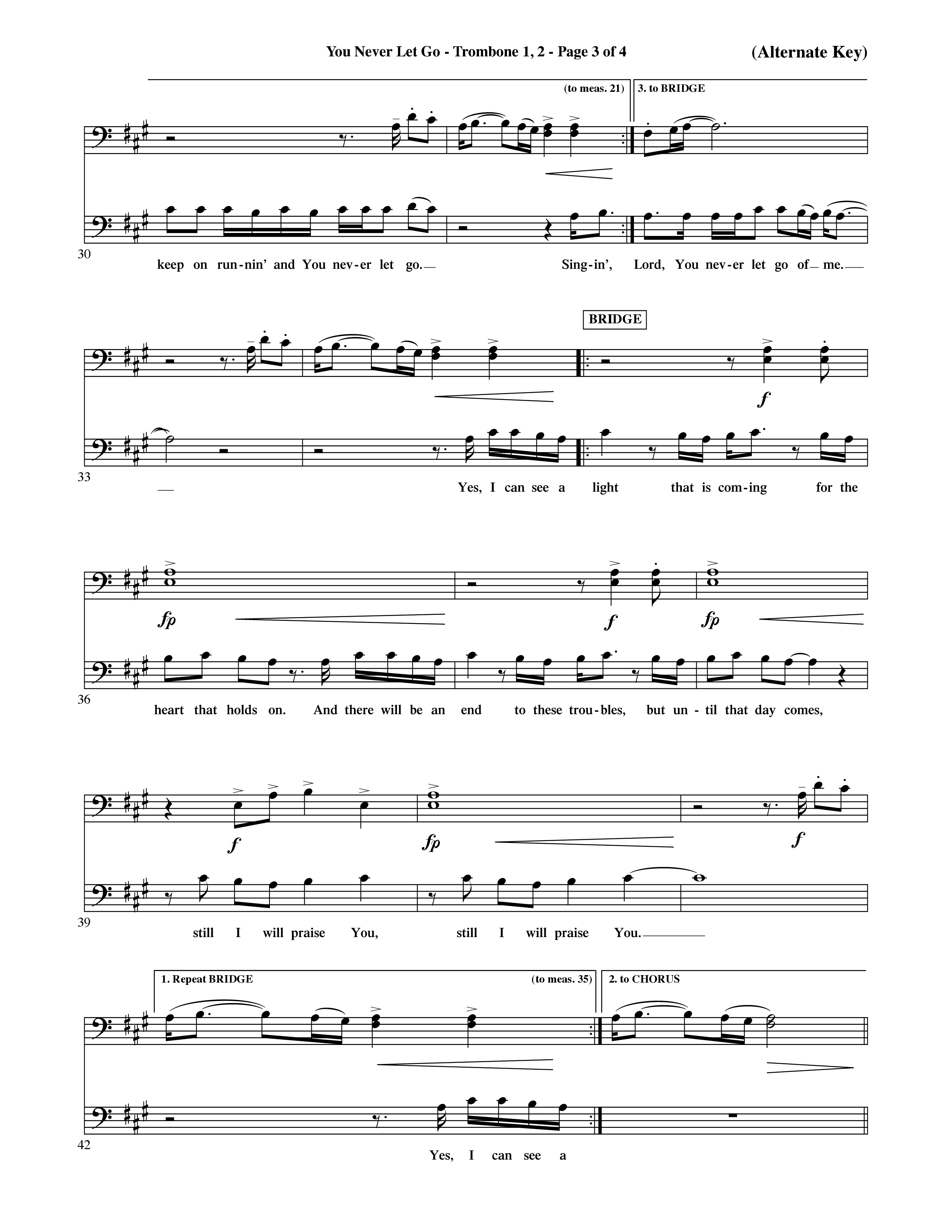 You Never Let Go (Choral Anthem SATB) Trombone 1/2 (Orch. Dave Williamson / Orch. David Shipps)