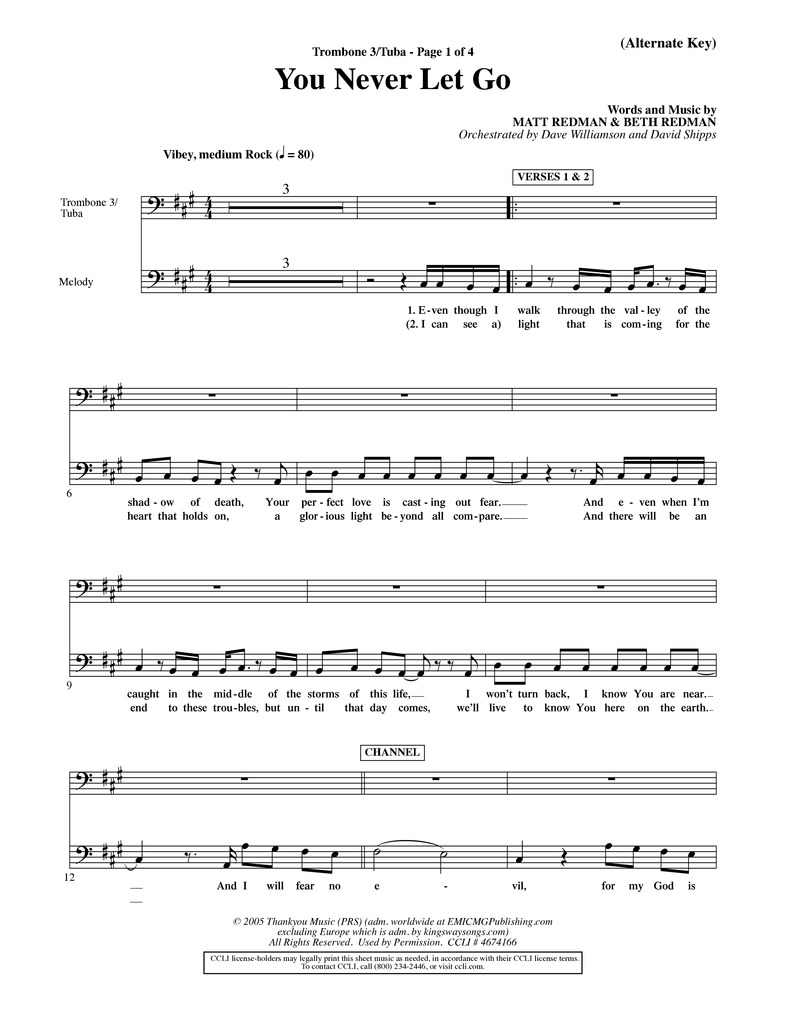 You Never Let Go (Choral Anthem SATB) Trombone 3/Tuba (Orch. Dave Williamson / Orch. David Shipps)