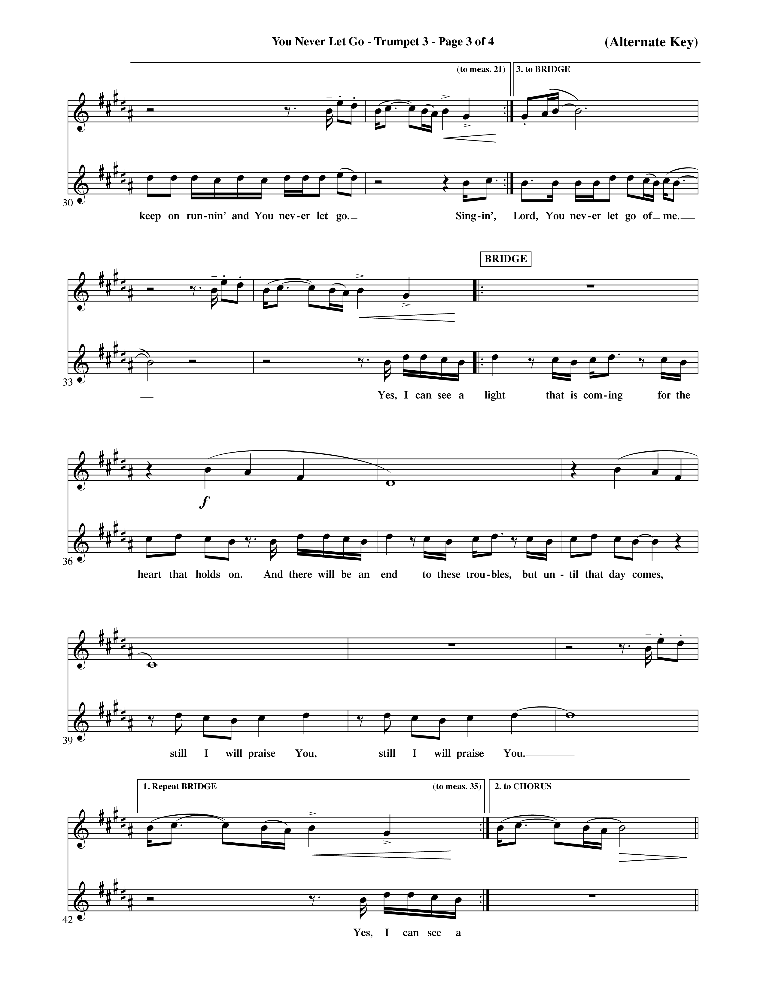 You Never Let Go (Choral Anthem SATB) Trumpet 3 (Orch. Dave Williamson / Orch. David Shipps)