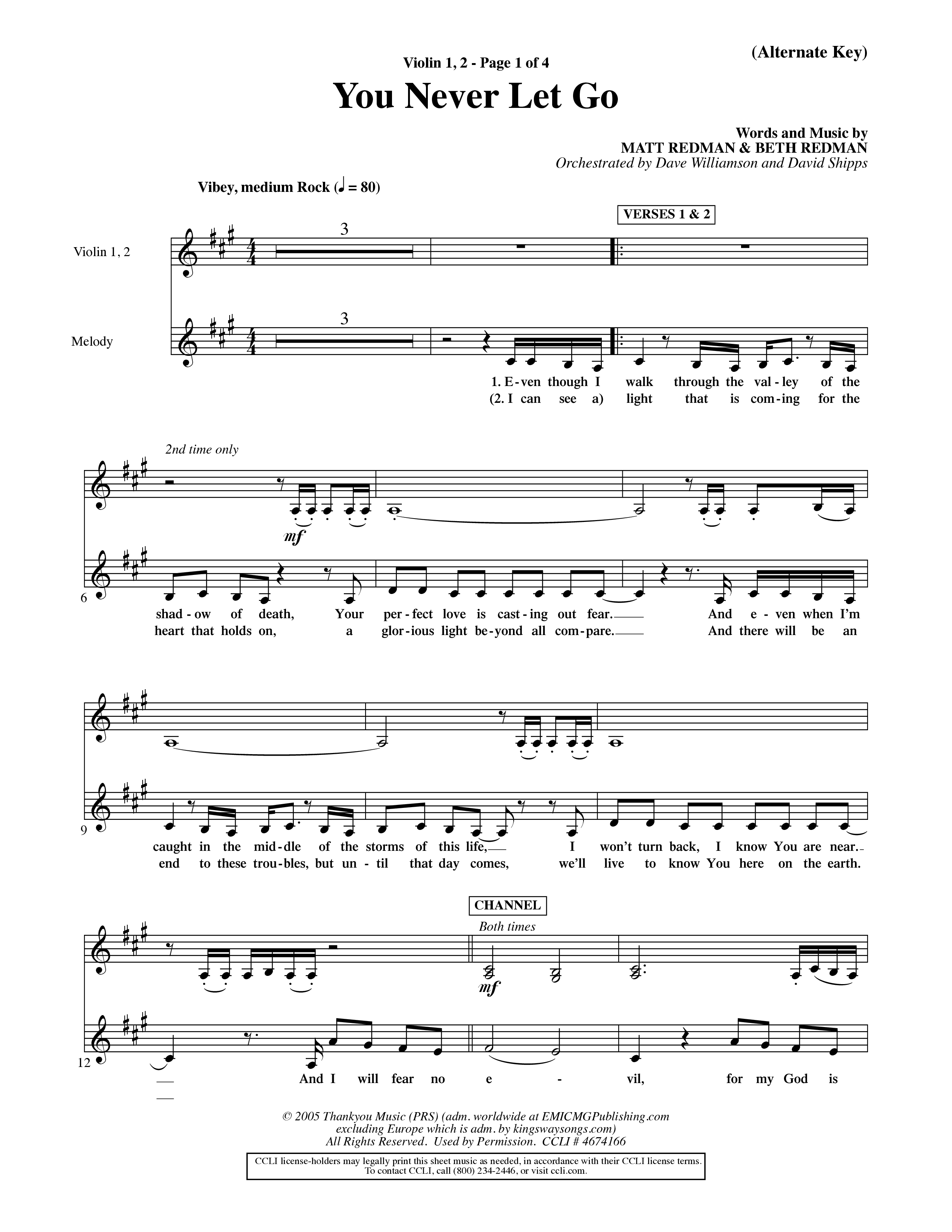 You Never Let Go (Choral Anthem SATB) Violin 1/2 (Orch. Dave Williamson / Orch. David Shipps)