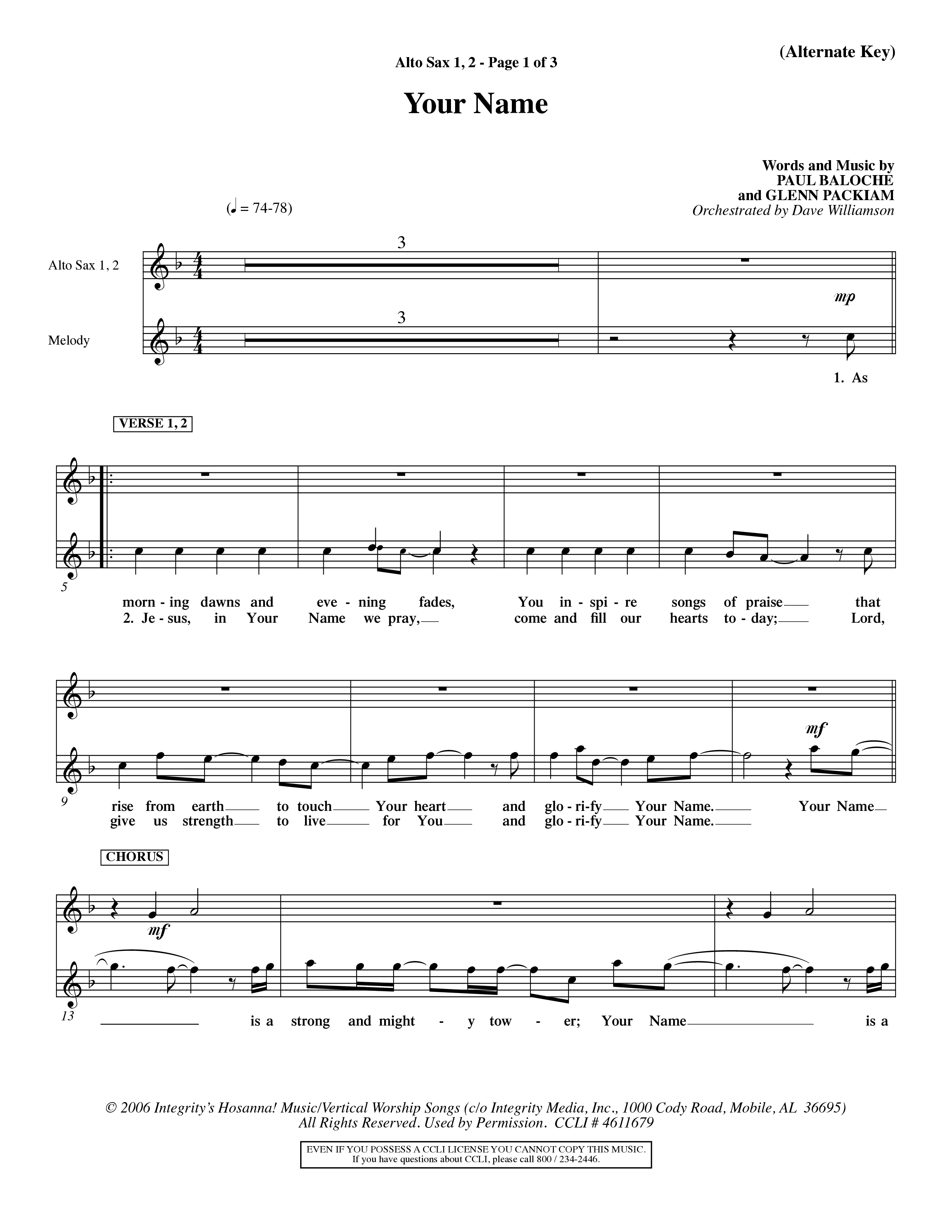 Your Name (Choral Anthem SATB) Alto Sax 1/2 (Word Music Choral / Orch. Dave Williamson)