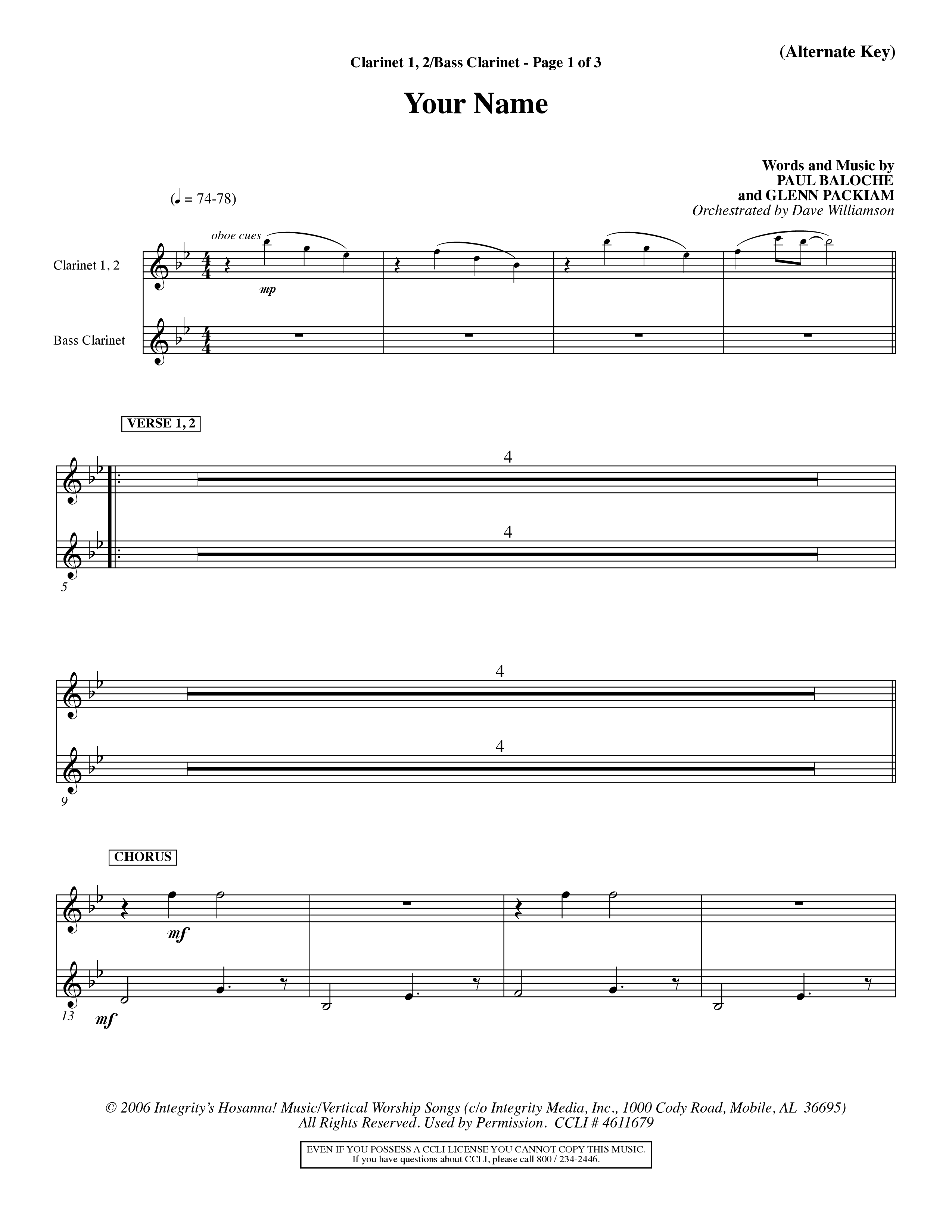 Your Name (Choral Anthem SATB) Clarinet 1/2, Bass Clarinet (Word Music Choral / Orch. Dave Williamson)