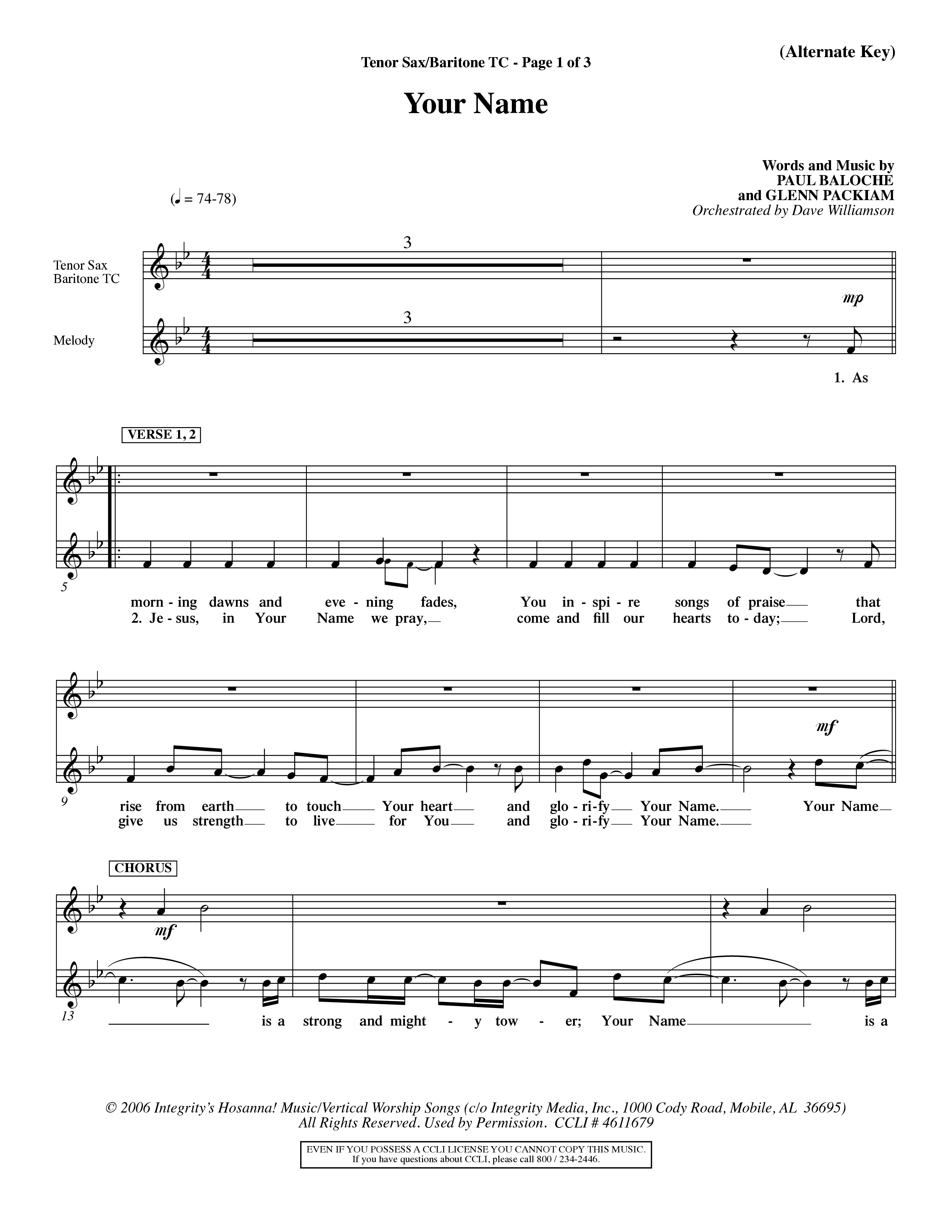 Your Name (Choral Anthem SATB) Tenor Sax/Baritone T.C. (Word Music Choral / Orch. Dave Williamson)