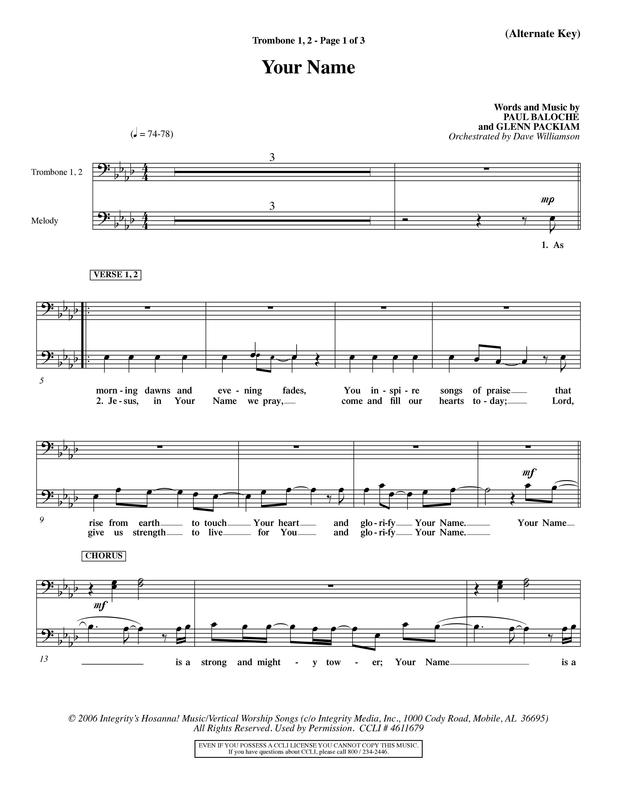 Your Name (Choral Anthem SATB) Trombone 1/2 (Word Music Choral / Orch. Dave Williamson)