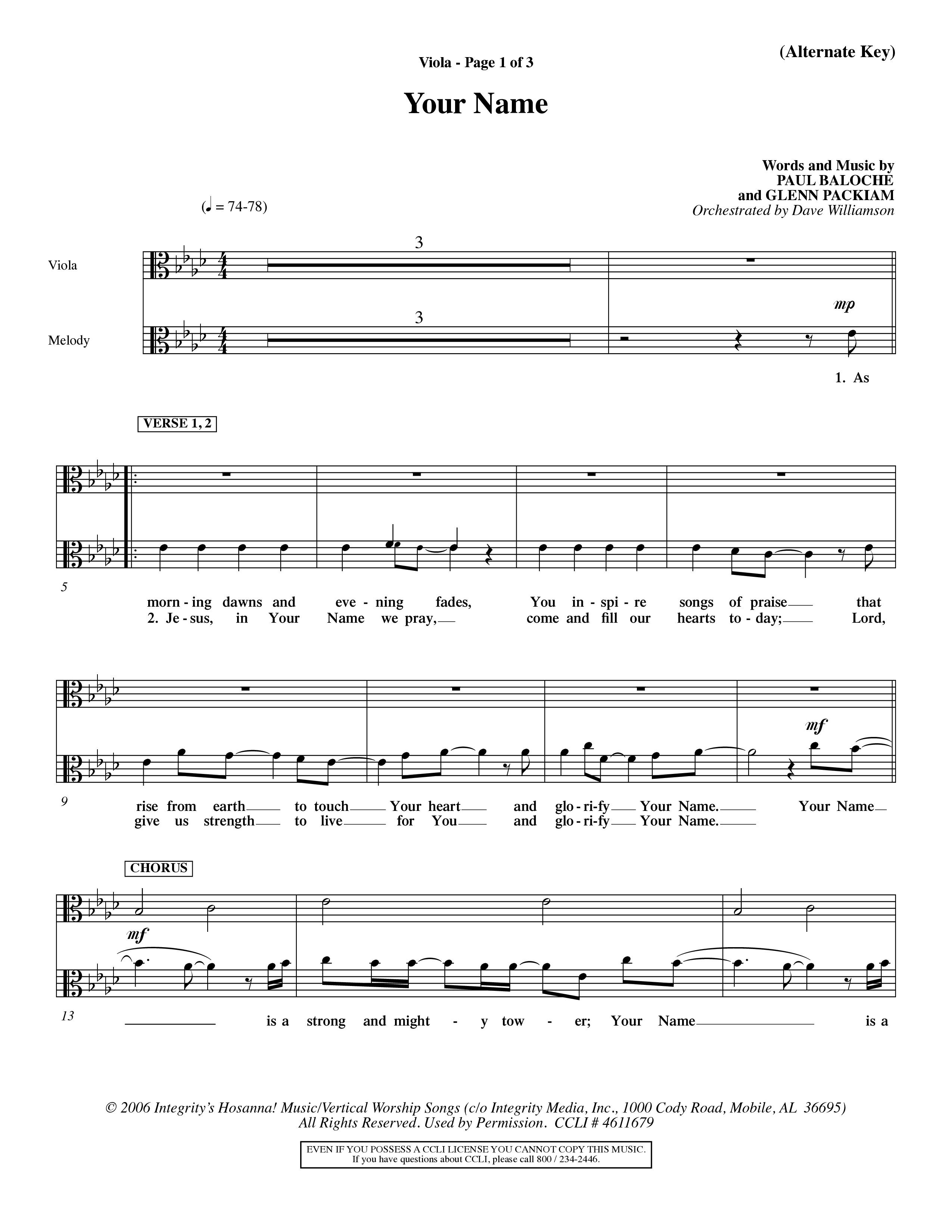 Your Name (Choral Anthem SATB) Viola (Word Music Choral / Orch. Dave Williamson)