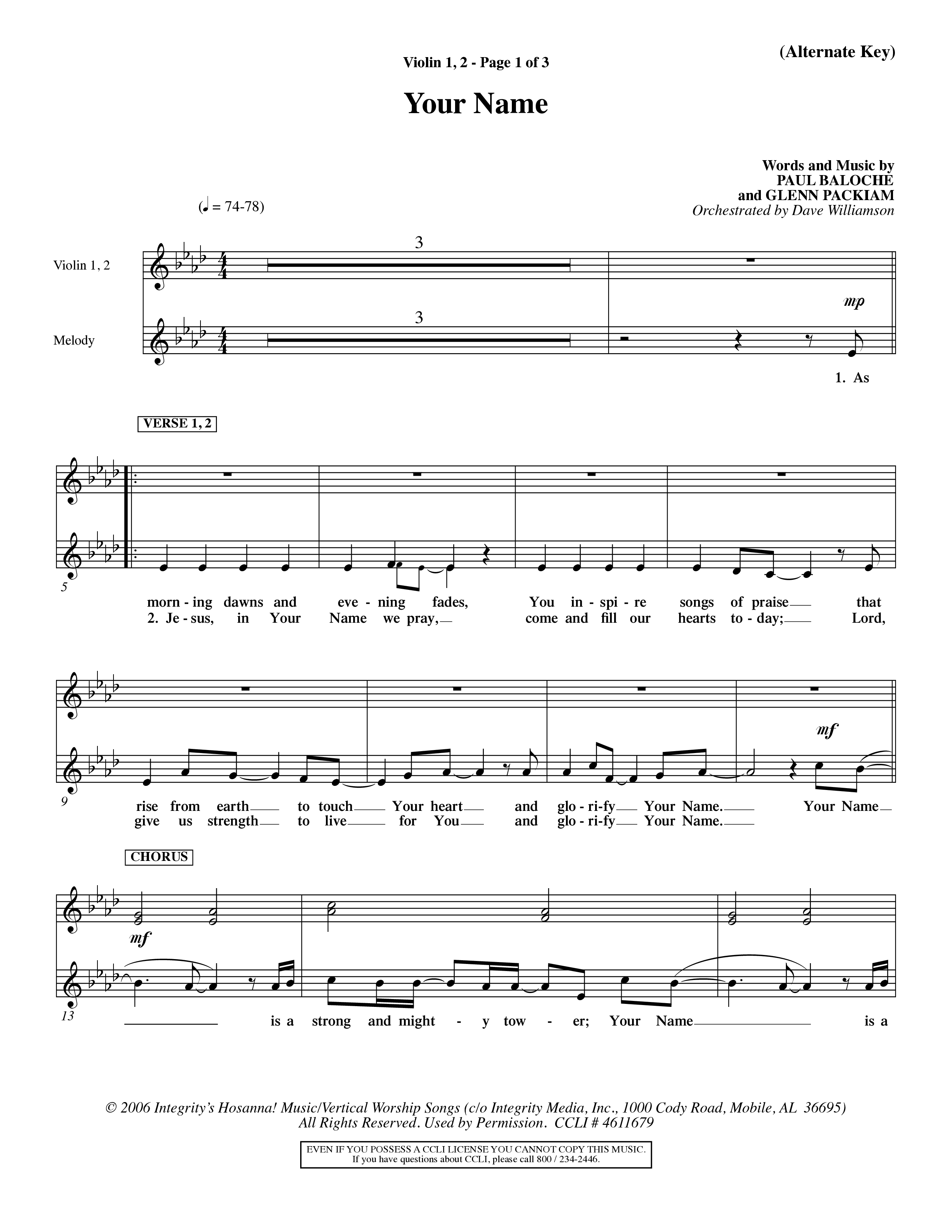 Your Name (Choral Anthem SATB) Violin 1/2 (Word Music Choral / Orch. Dave Williamson)
